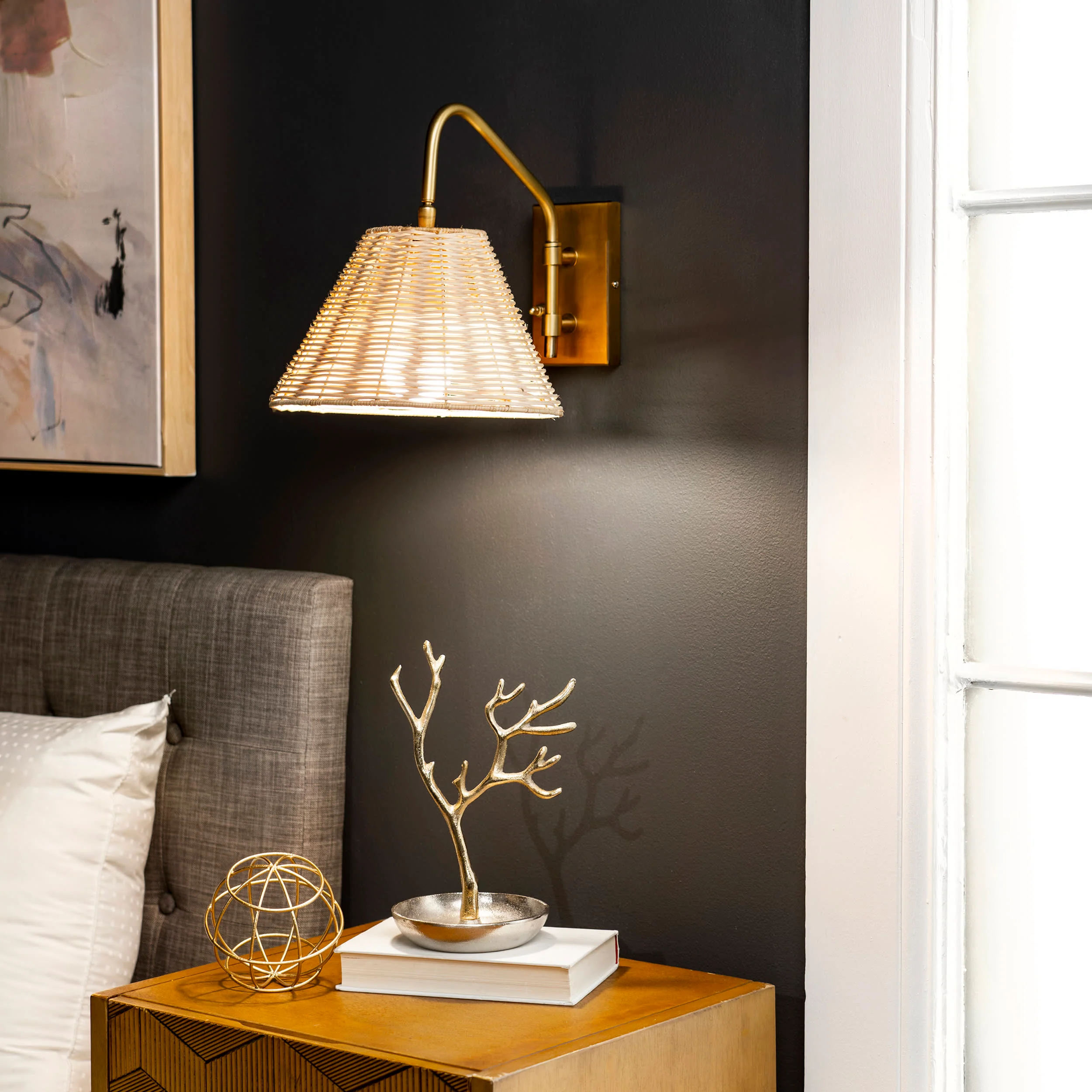 13-inch Swinging Rattan Wall Sconce | Brass - Image 2