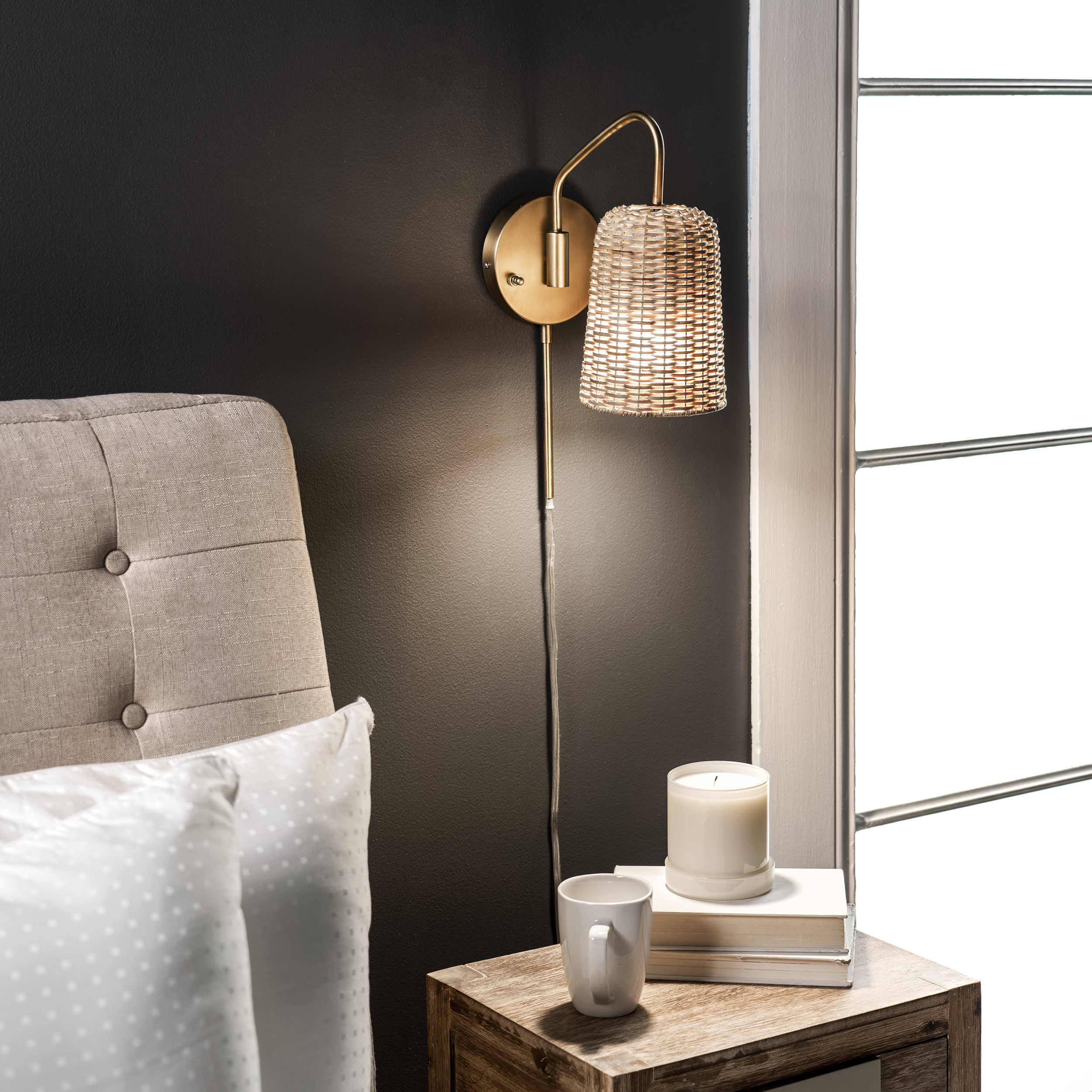 16-inch Rattan Plug-In Wall Sconce | Brass - Image 2