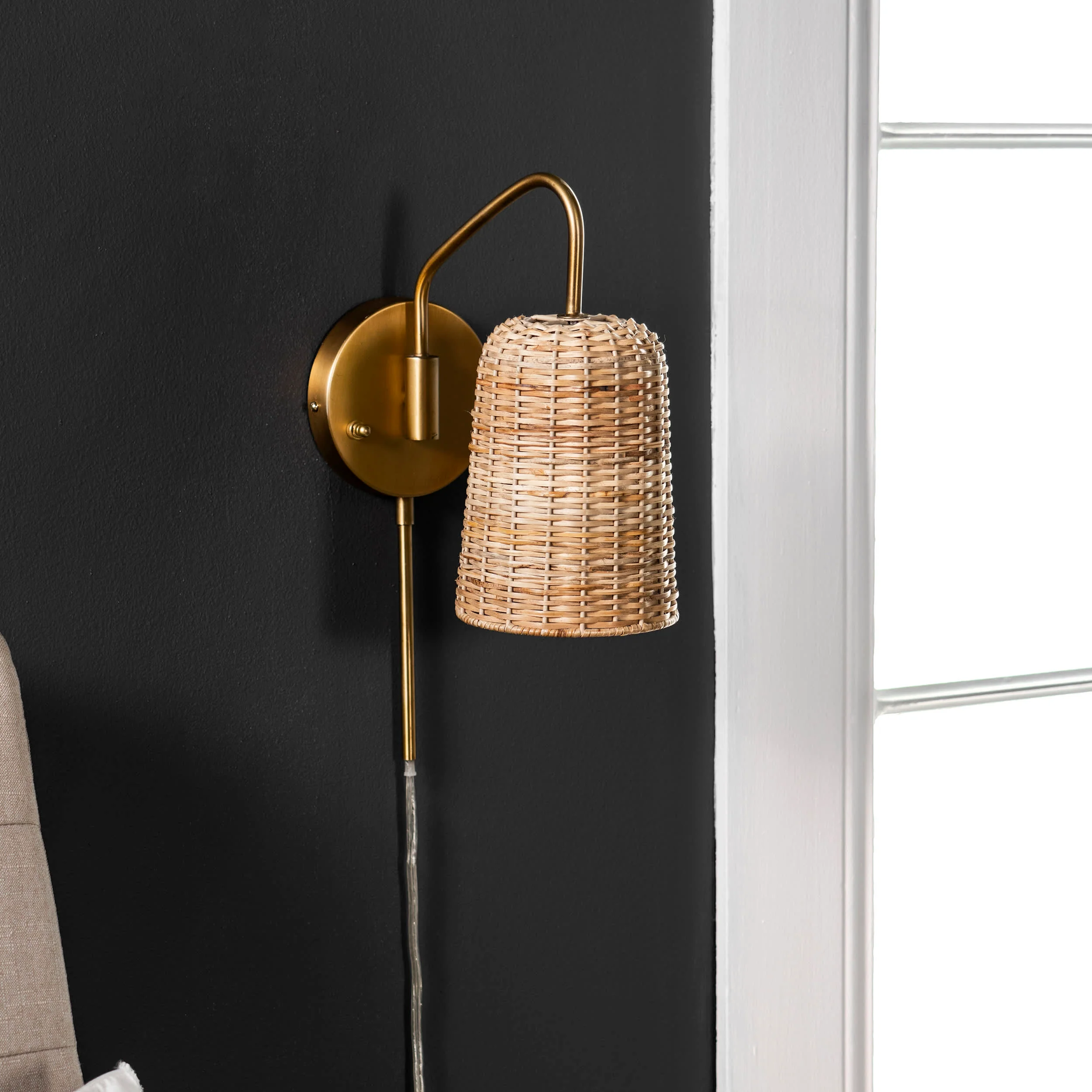 16-inch Rattan Plug-In Wall Sconce | Brass - Image 3