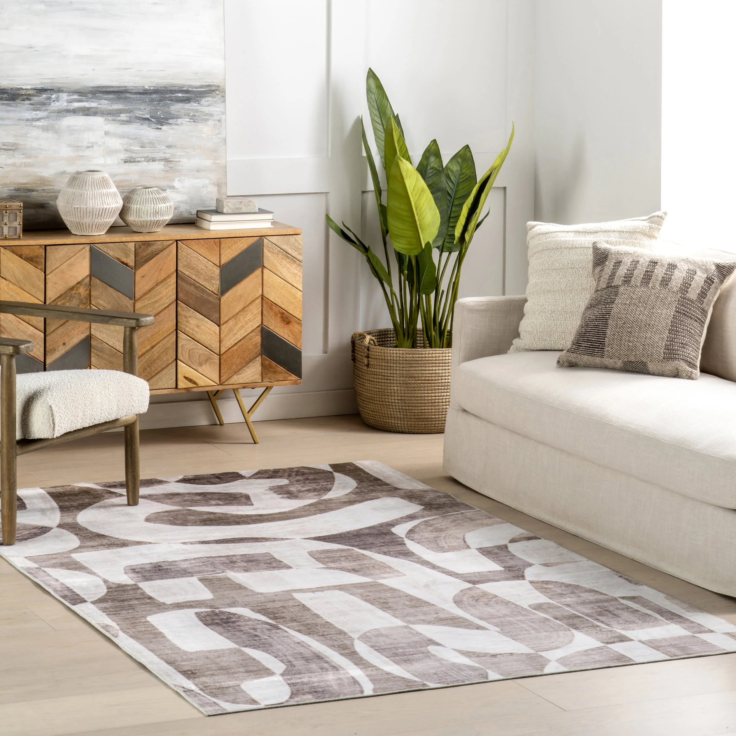 Lyra Abstract Washable Rug | Taupe - Image 2