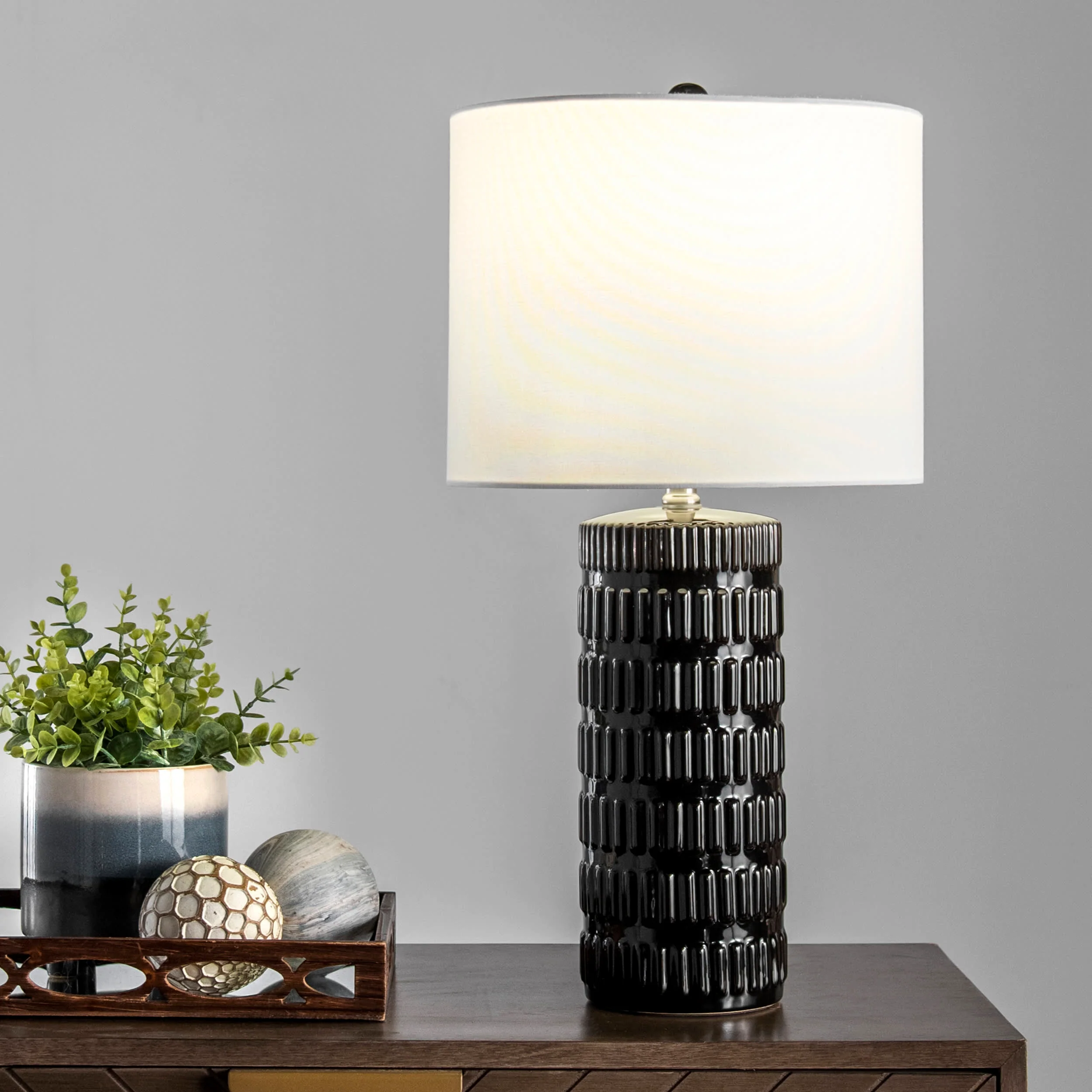 25-inch Tangela Ridged Ceramic Table Lamp | Black - Image 2