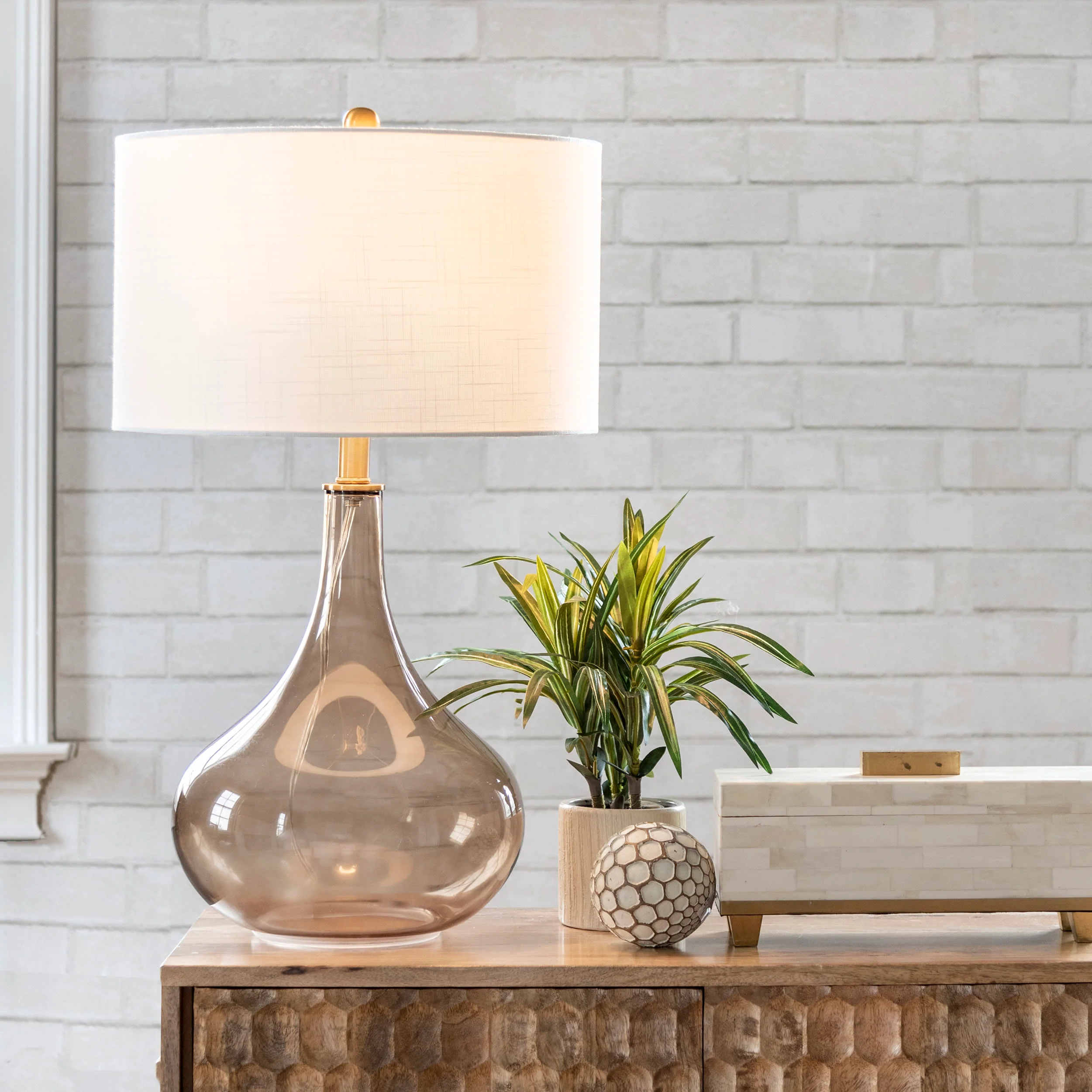 26-inch Glazed Glass Gourd Table Lamp | Amber - Image 2