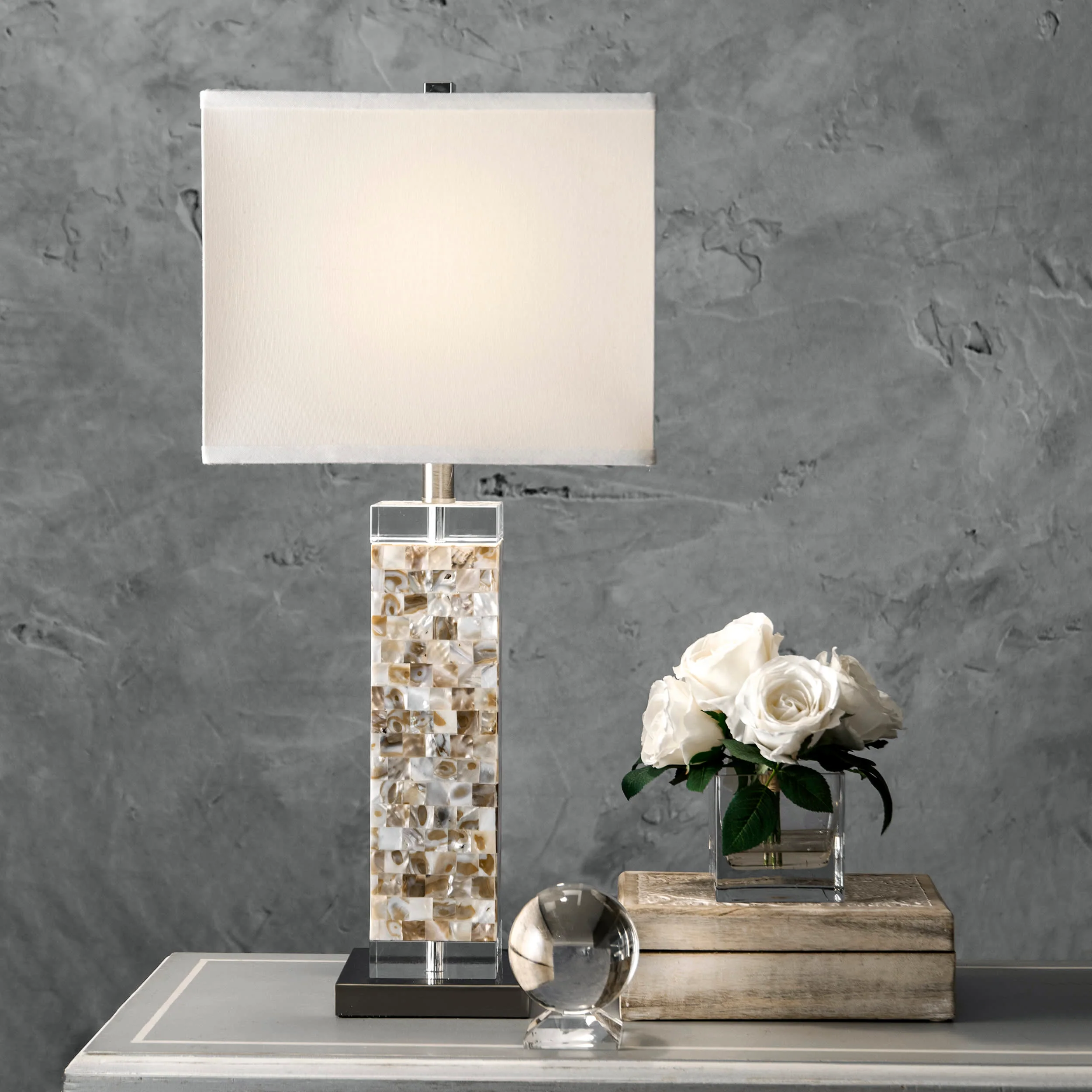 29-inch Mosaic Shell Prism Table Lamp | Satin Nickel & White - Image 2