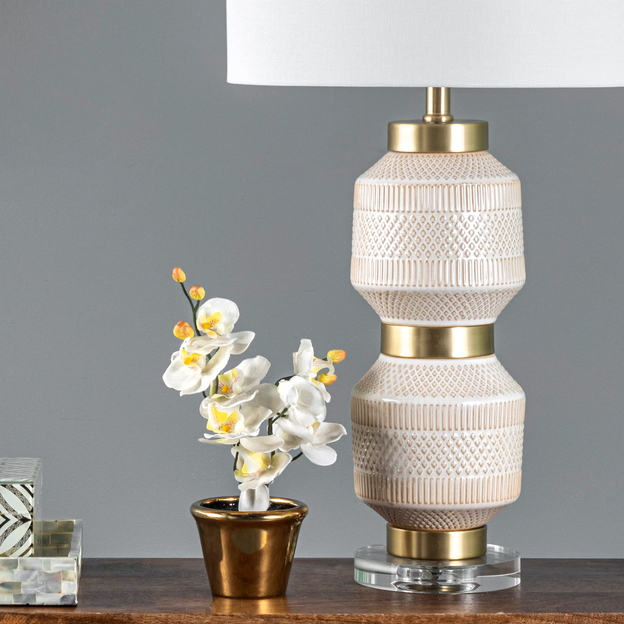 29-inch Stacked Ceramic Oriental Table Lamp | Ivory - Image 3