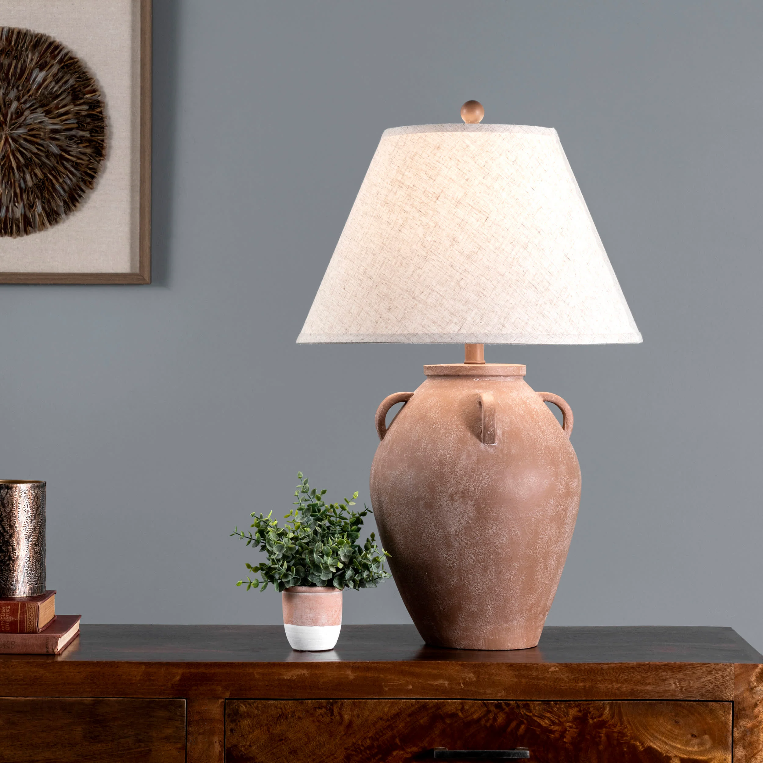 29-inch Vintage Resin Amphora Table Lamp | Beige - Image 2