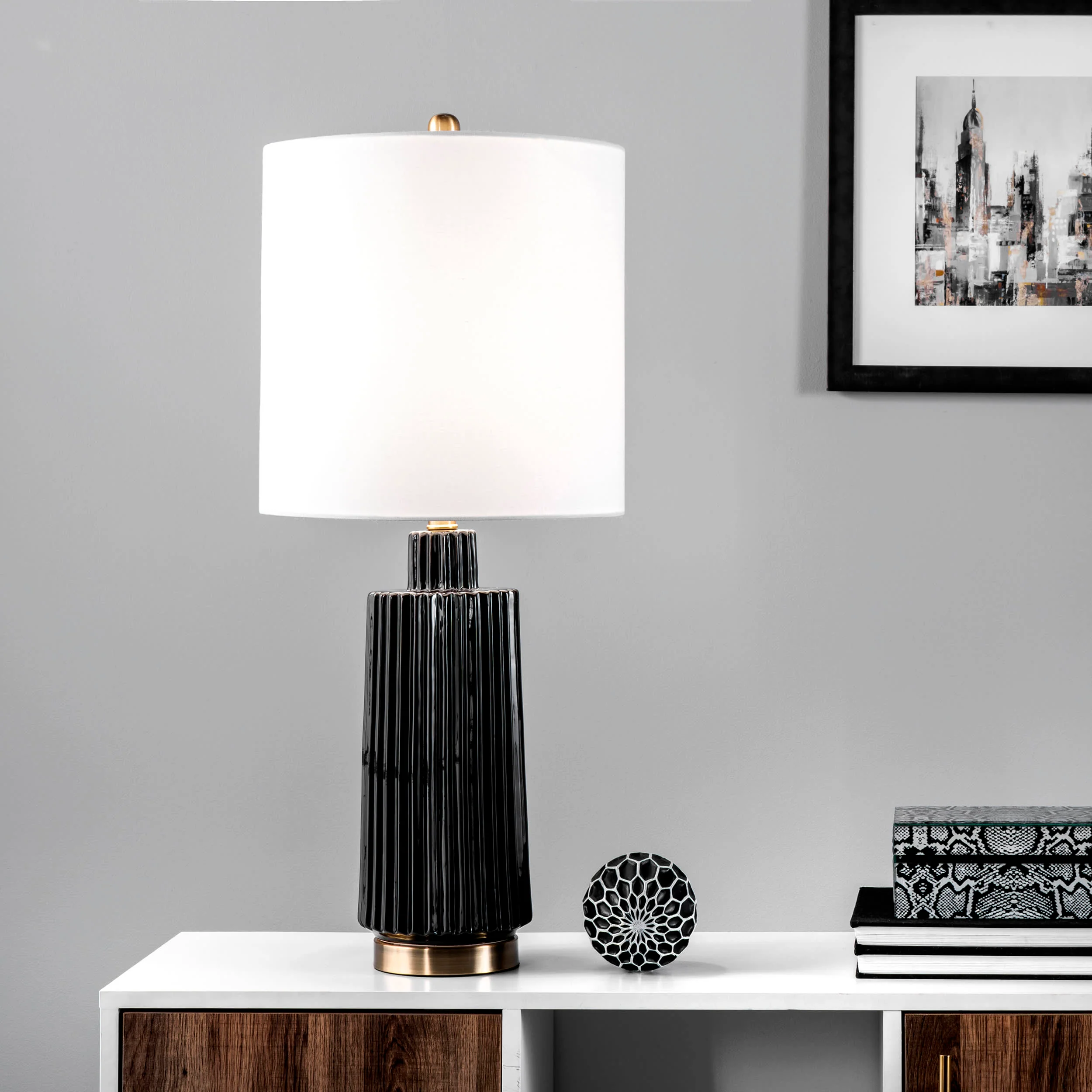 31-inch Fluted Ceramic Block Table Lamp | Black - Image 2