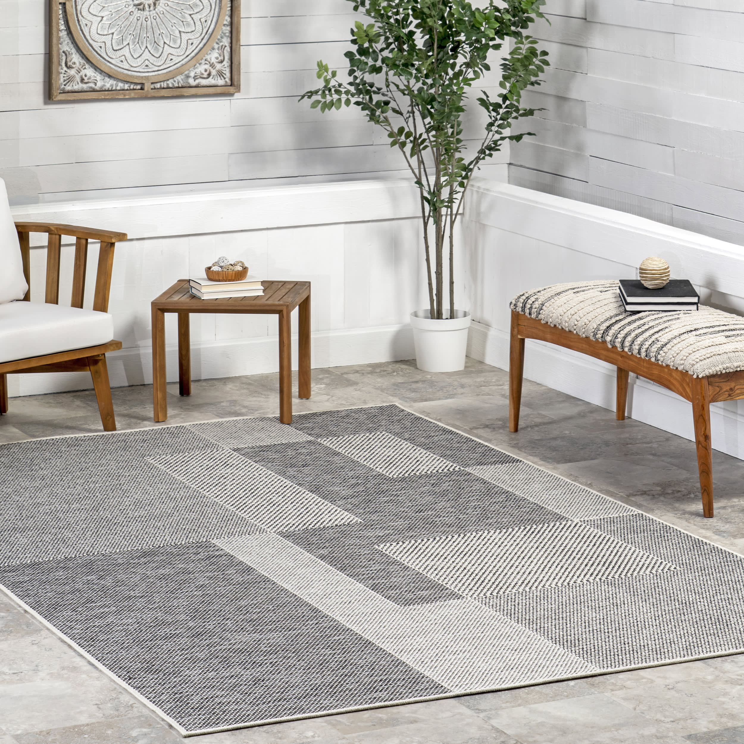 Abbye Layered Geometric Indoor/Outdoor Rug | Grey - Image 2