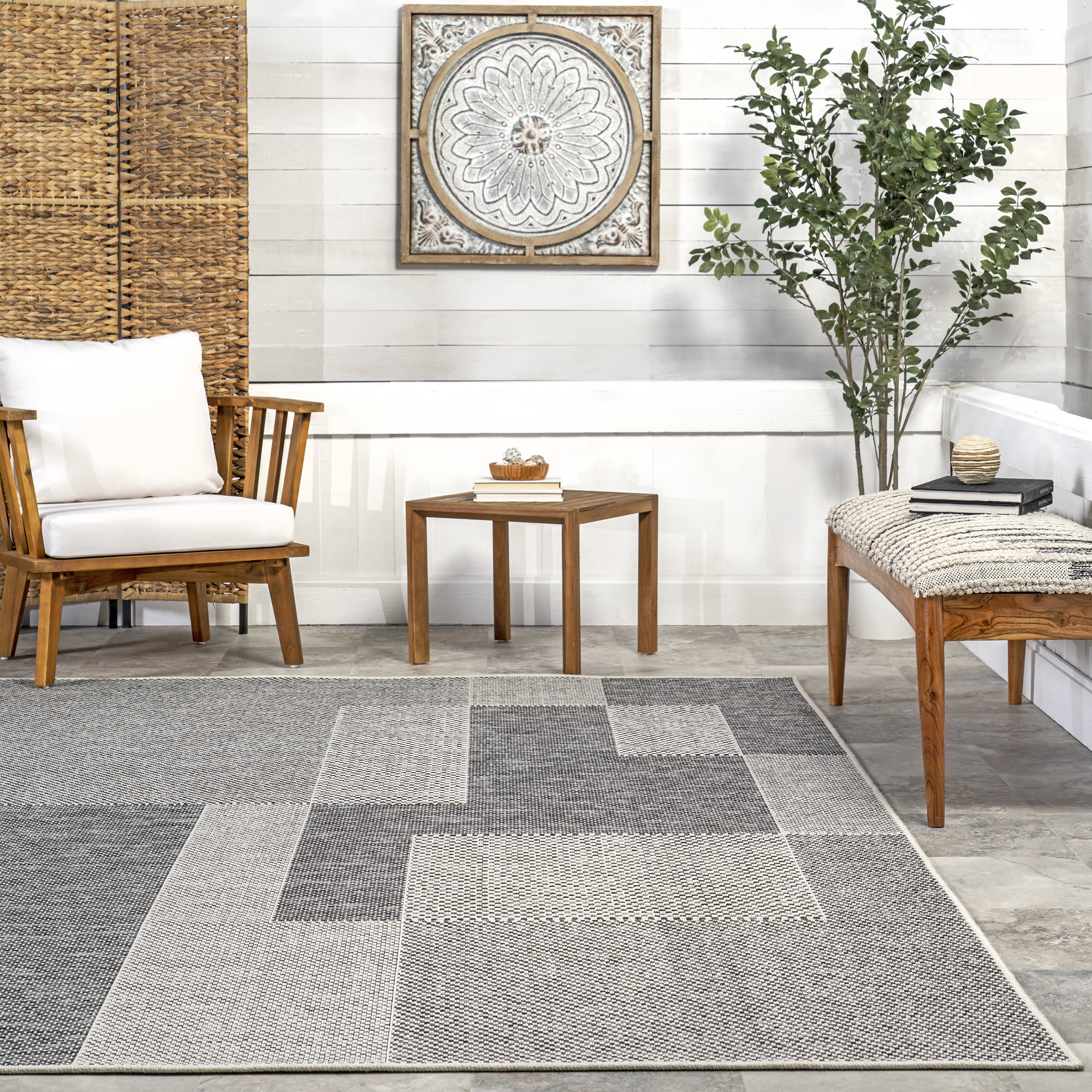 Abbye Layered Geometric Indoor/Outdoor Rug | Grey - Image 4