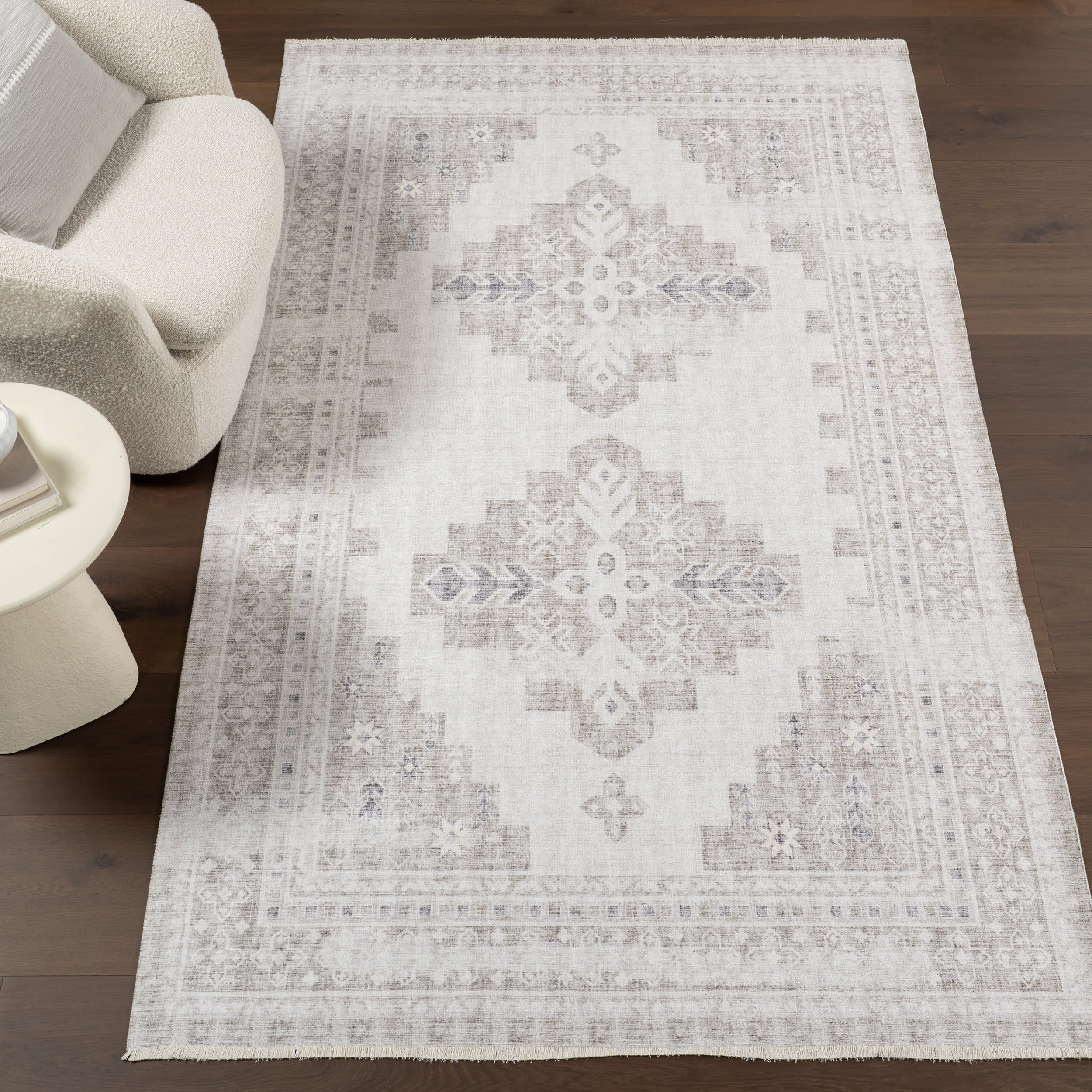 Agatha Fringed Medallion Washable Rug | Grey - Image 2