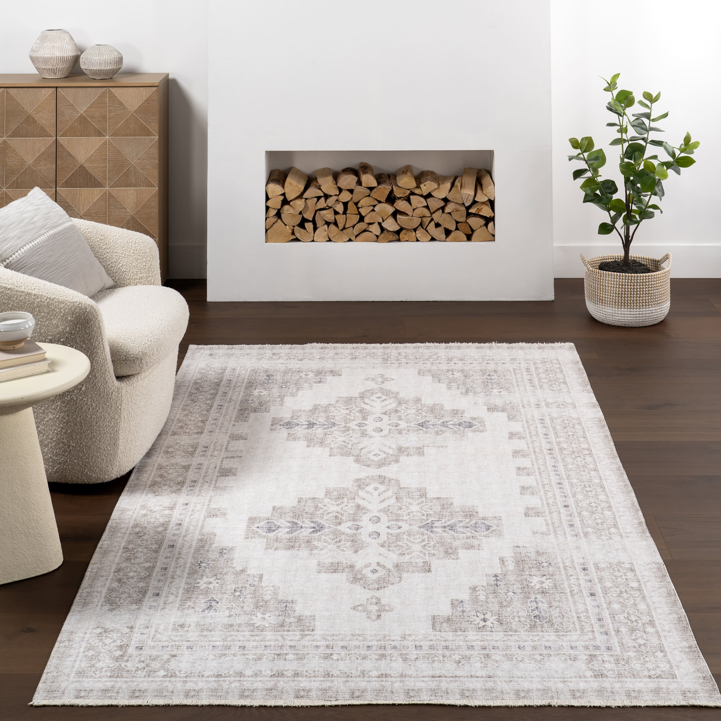 Agatha Fringed Medallion Washable Rug | Grey - Image 5