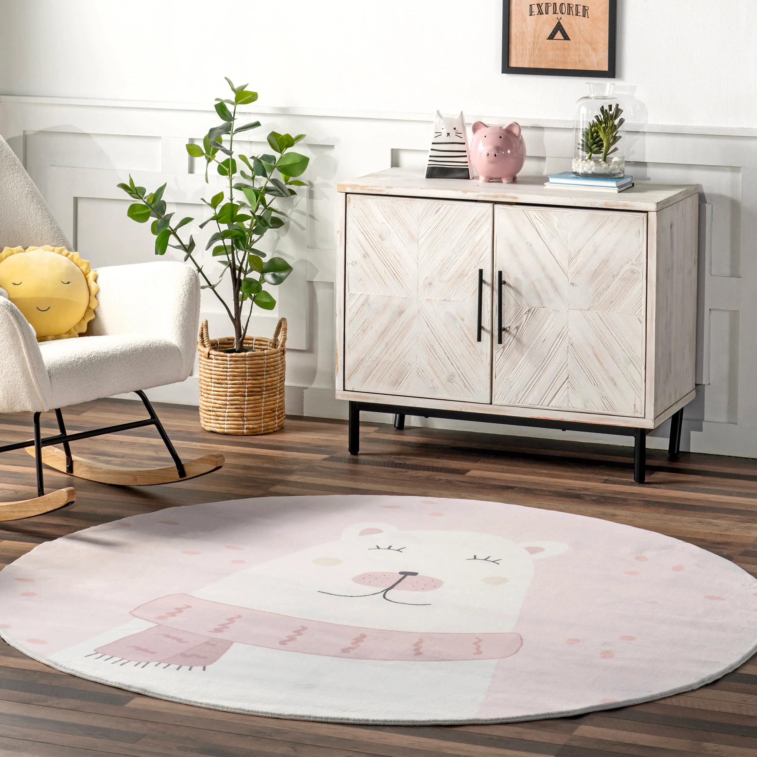 Agathe Polar Bear Kids Washable Rug | Pale Pink - Image 2
