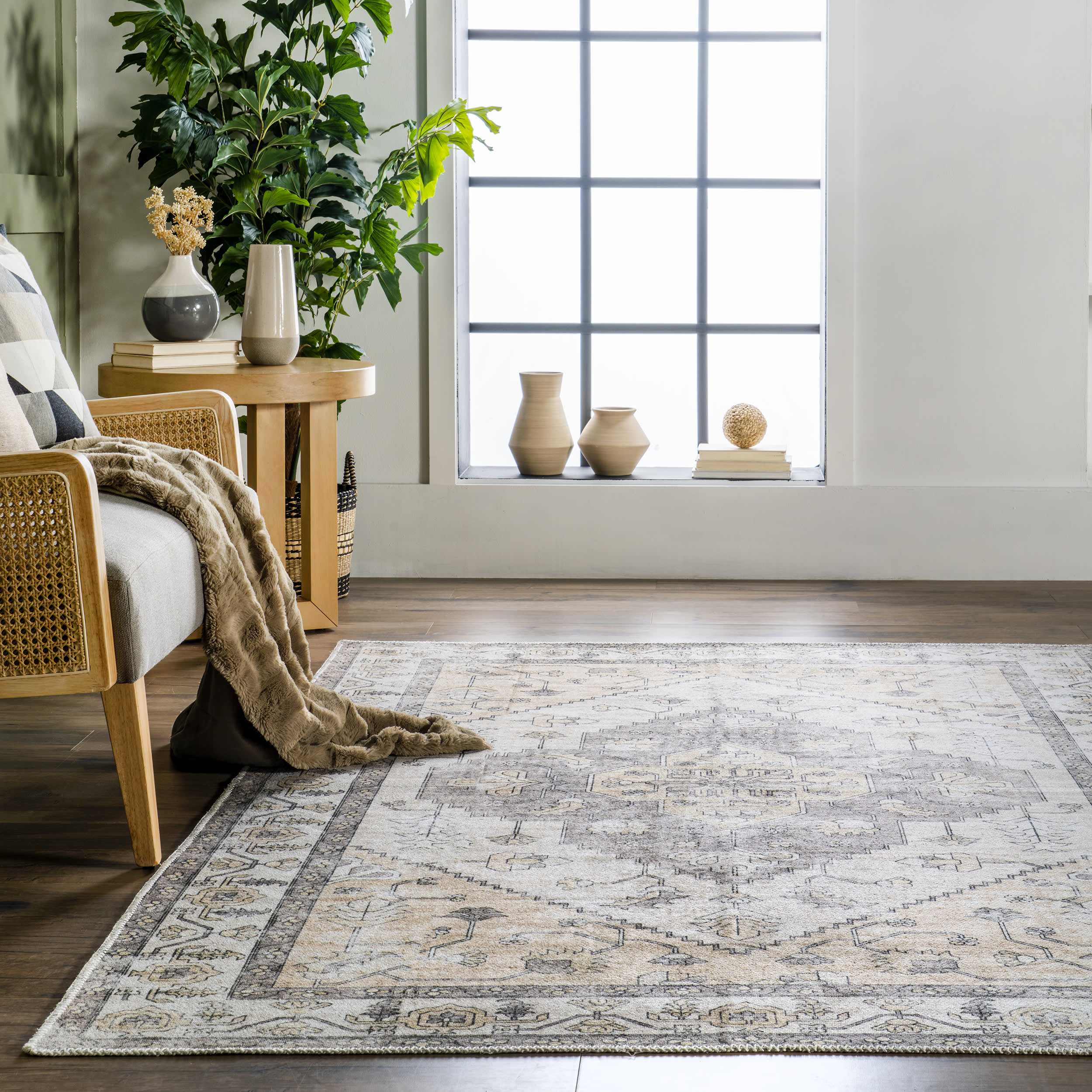 Aimee Washable Vintage Snow Peaks Rug | Grey - Image 4