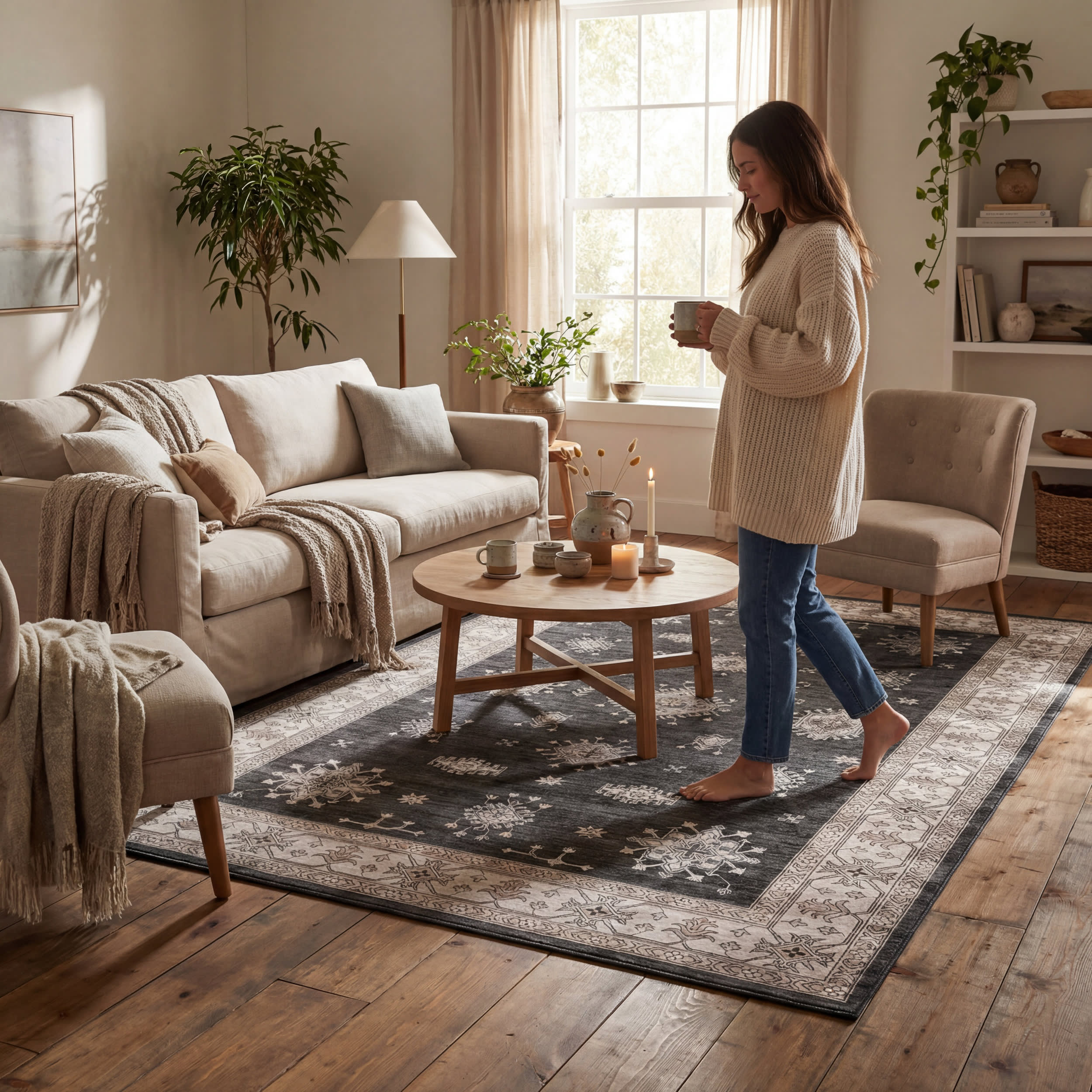 Andrea Bordered Spill Proof Washable Rug | Charcoal - Image 9