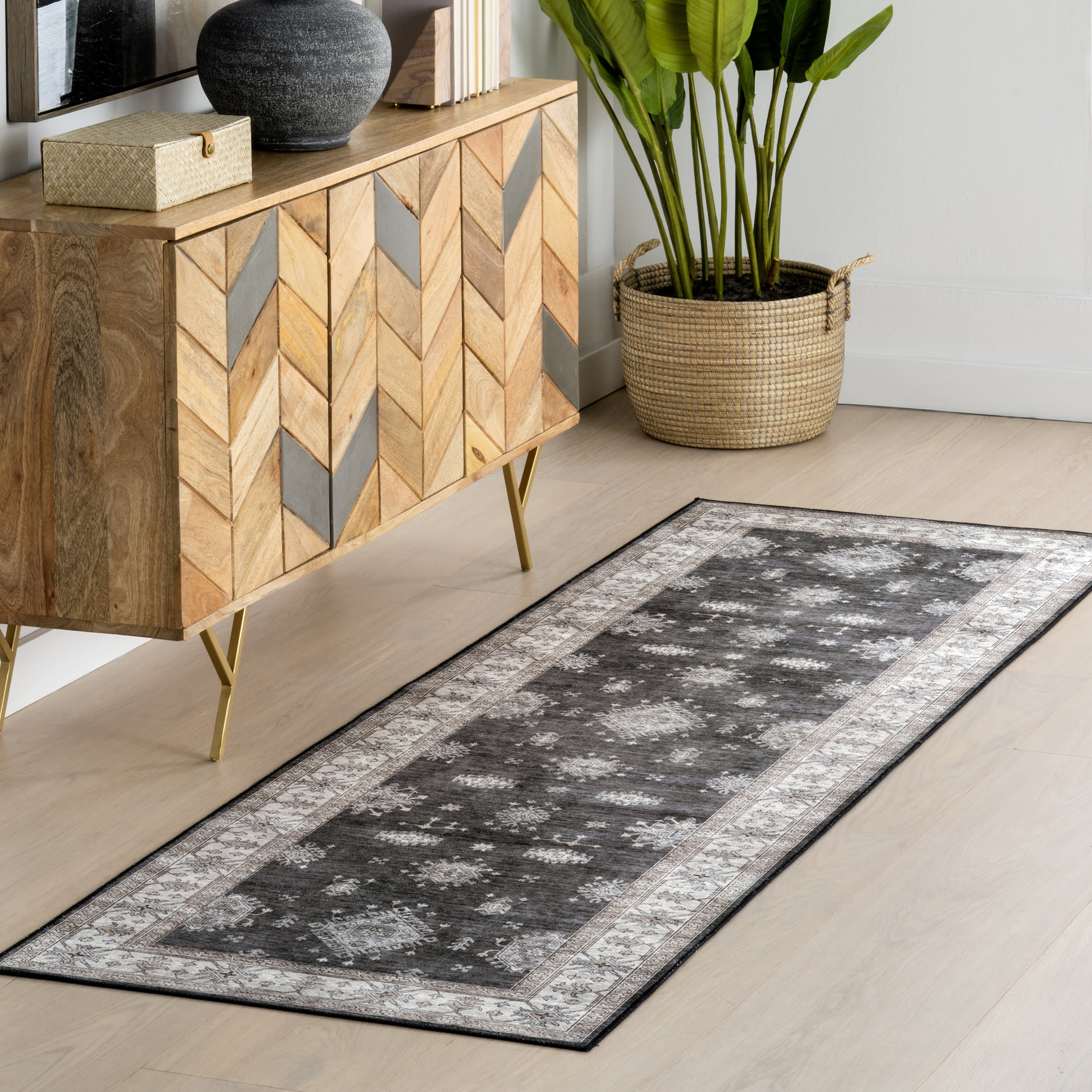 Andrea Bordered Spill Proof Washable Rug | Charcoal - Image 2