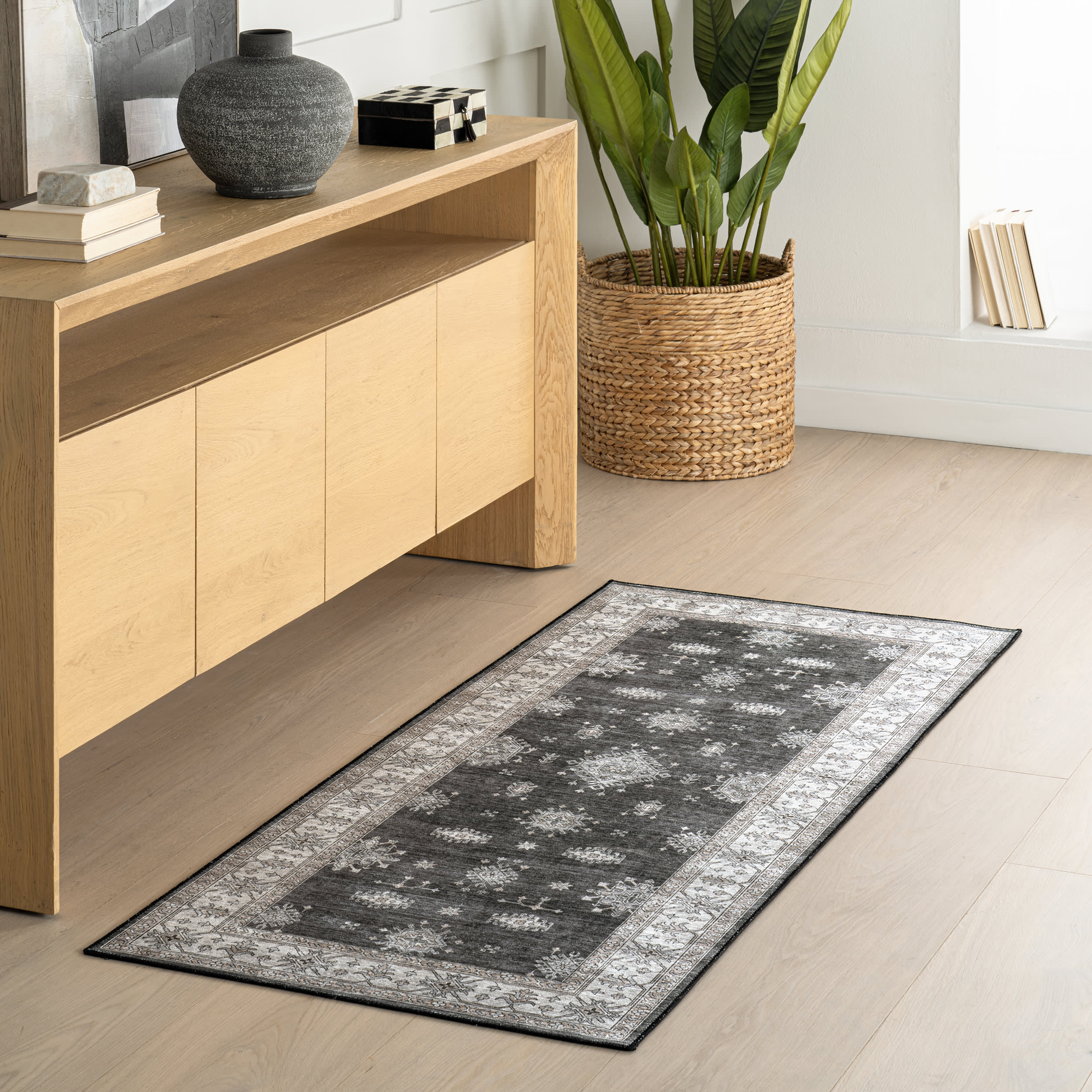 Andrea Bordered Washable Rug | Charcoal - Image 2