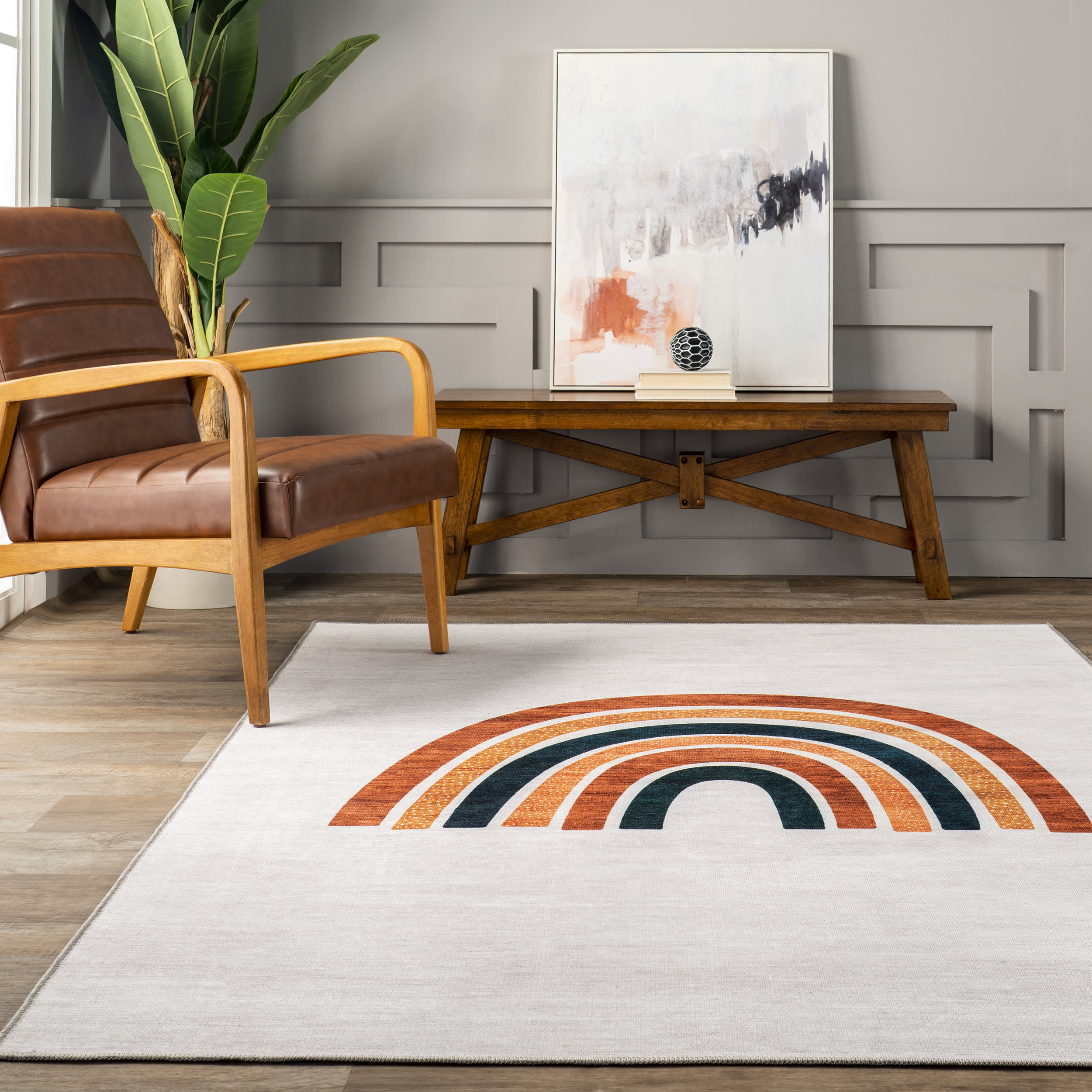 Anete Kids Washable Rainbow Rug | Beige - Image 4