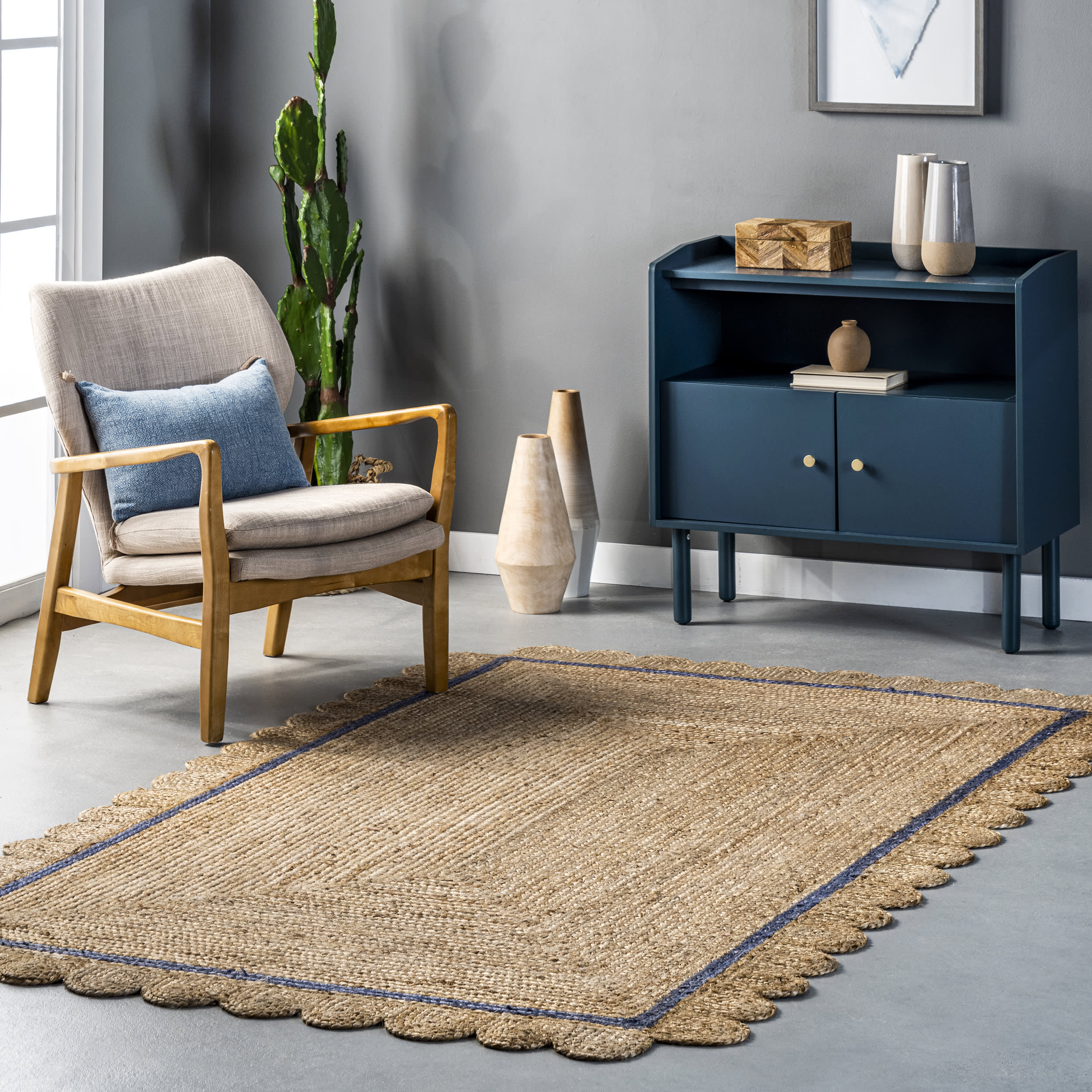 Anna Scalloped Jute Rug | Blue - Image 2