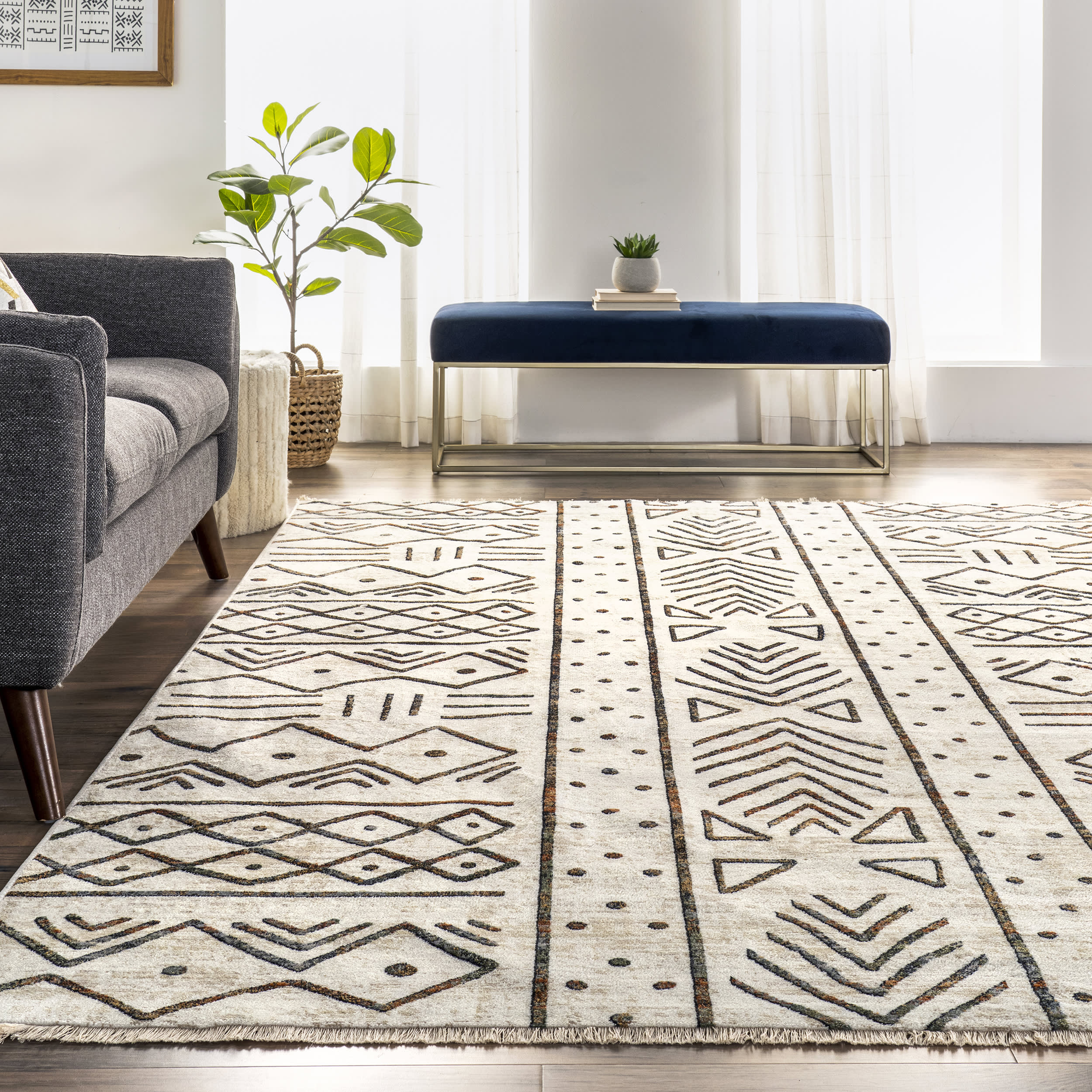 Aubrey Paneled Fringed Rug | Beige - Image 4