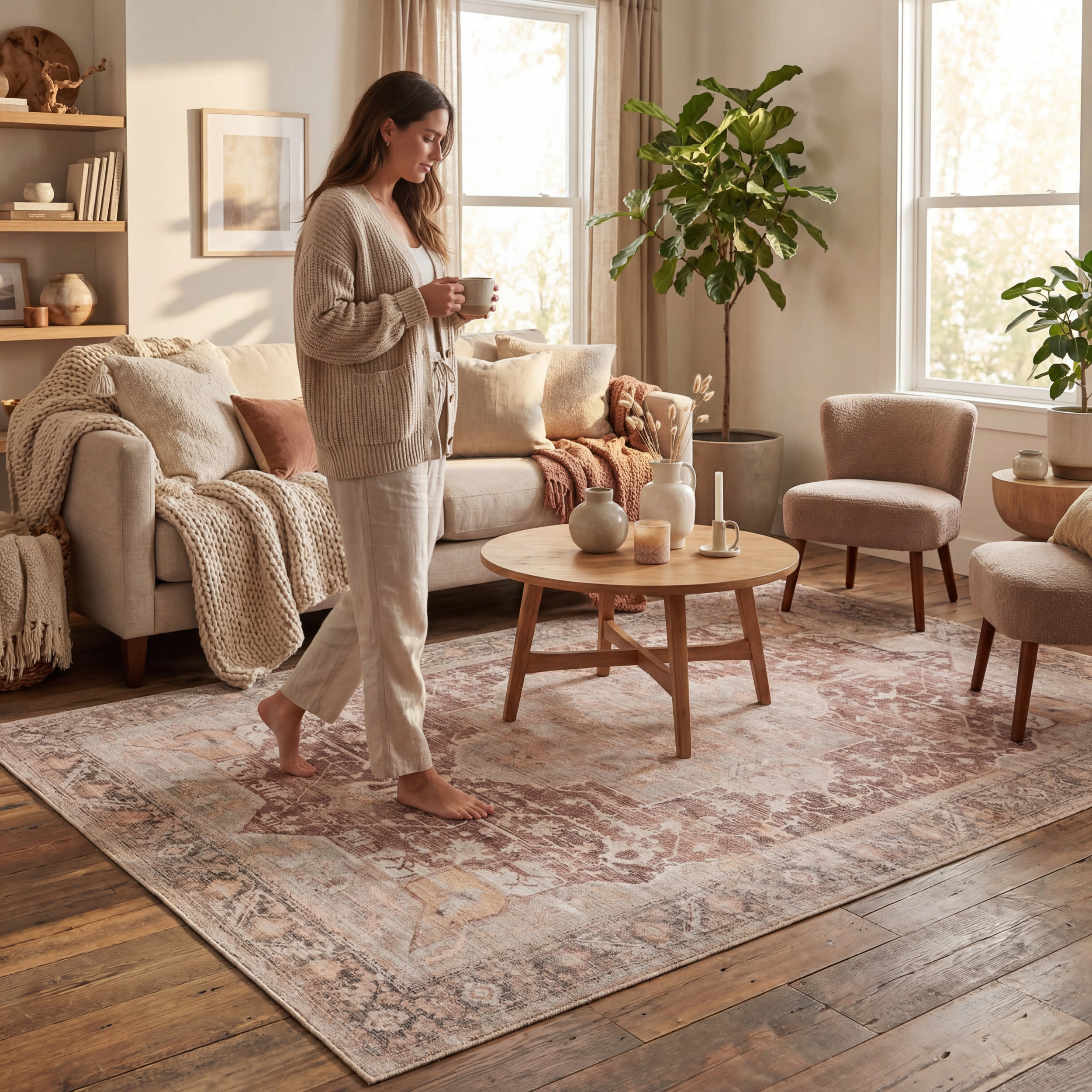 Ava Vintage Persian Spill Proof Washable Rug | Pale Pink - Image 9
