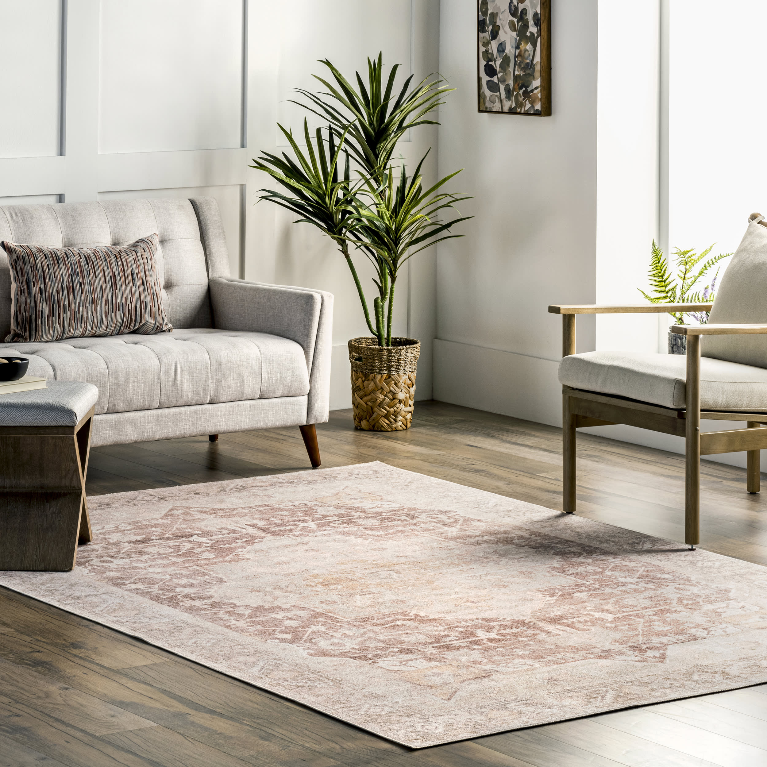 Ava Vintage Persian Washable Rug | Pale Pink - Image 2