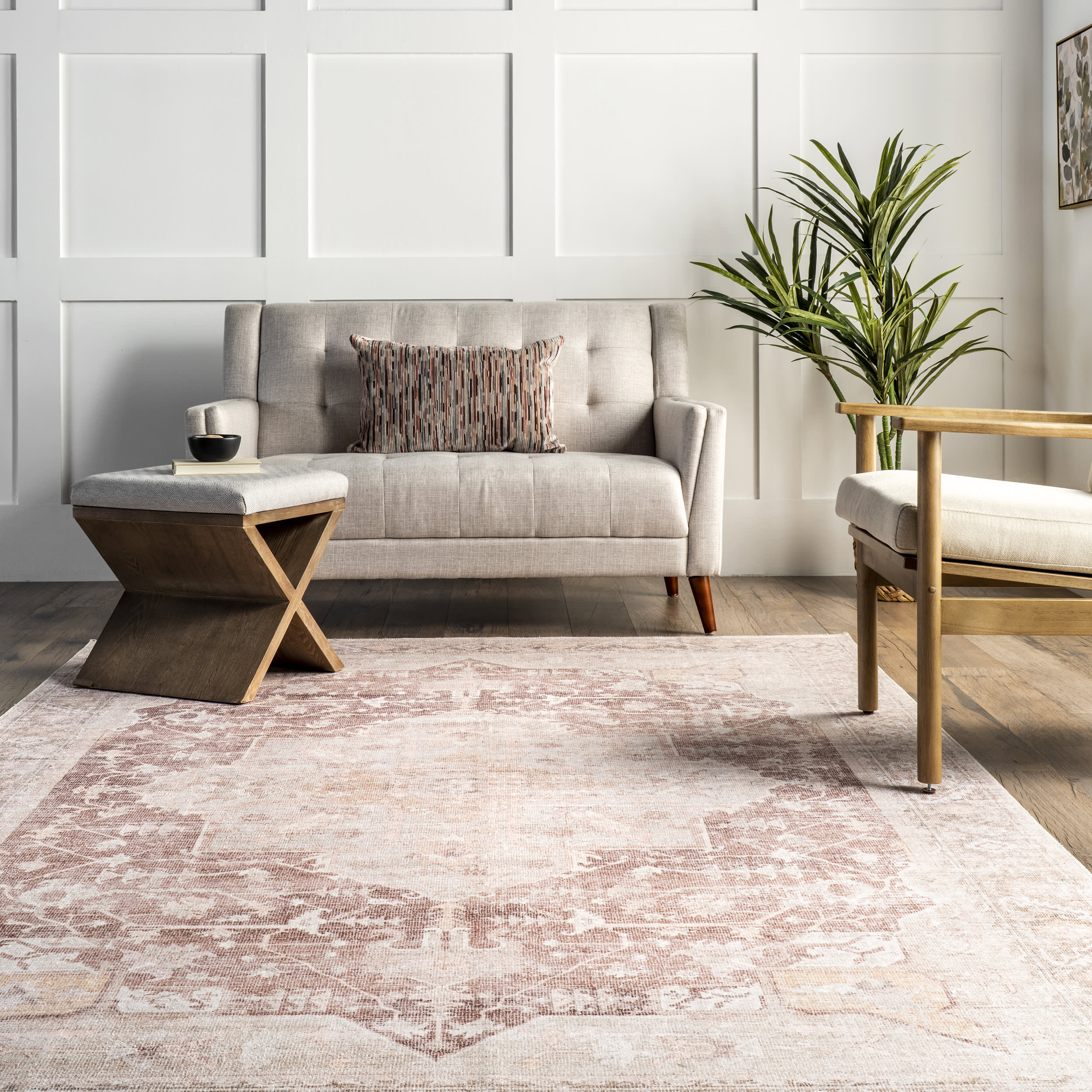 Ava Vintage Persian Washable Rug | Pale Pink - Image 4