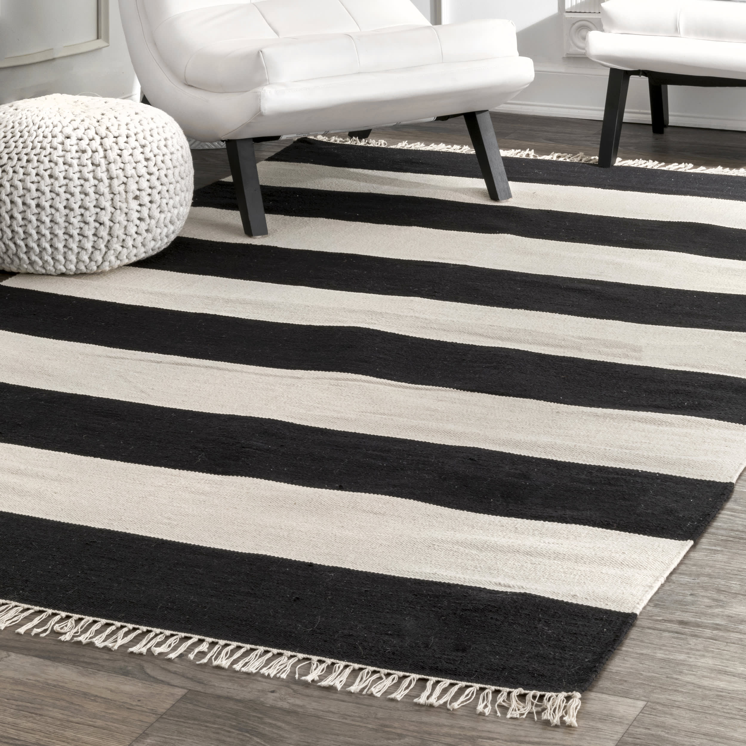 Awning Striped Flatweave Tassel Rug | Black - Image 2
