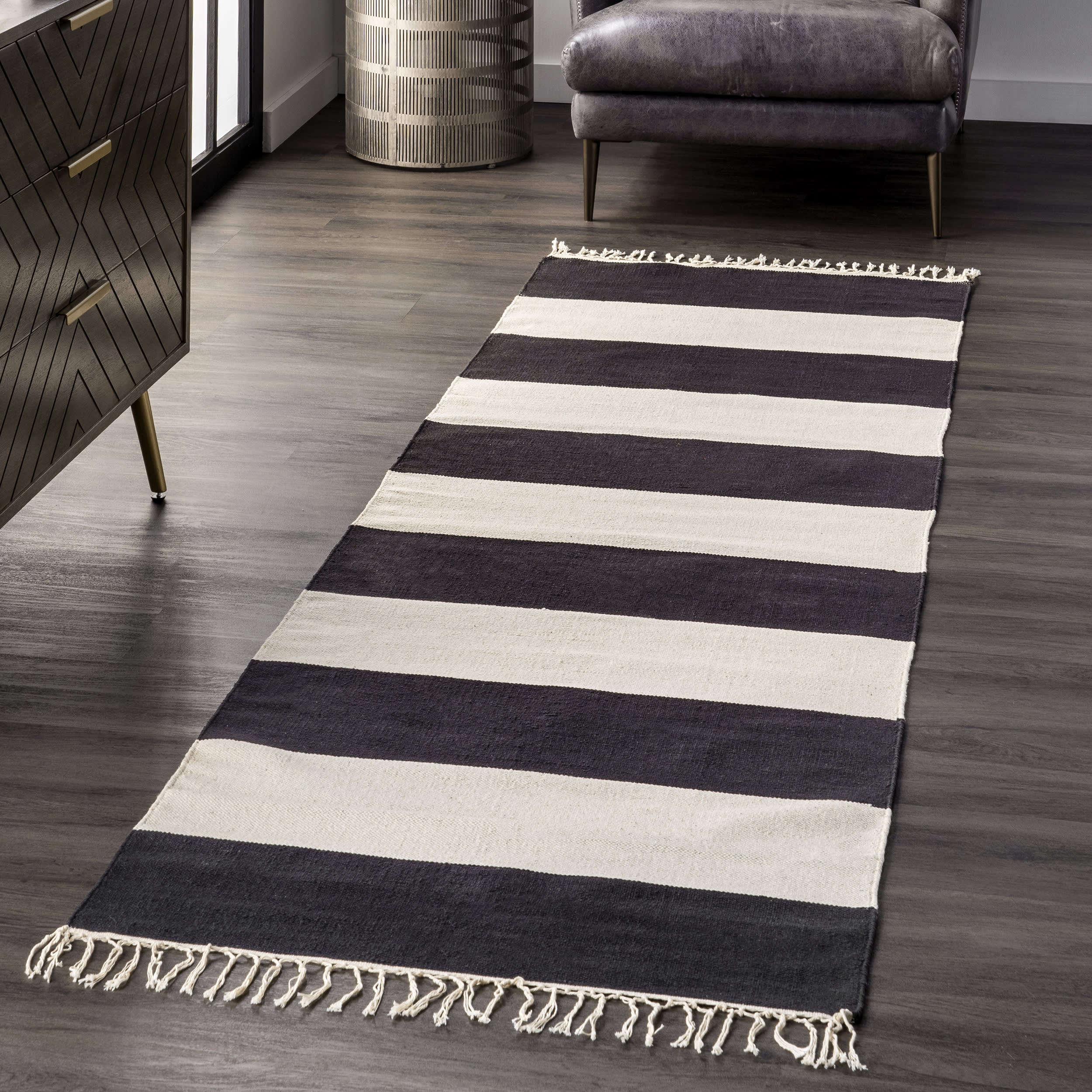 Awning Striped Flatweave Tassel Rug | Black - Image 2