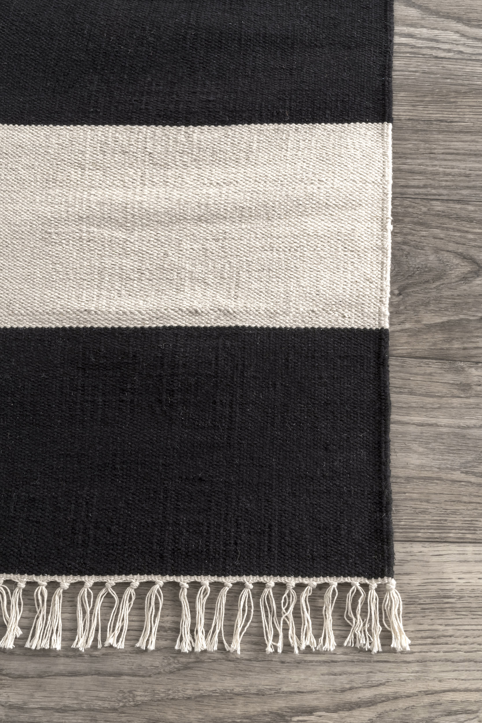 Awning Striped Flatweave Tassel Rug | Black - Image 3