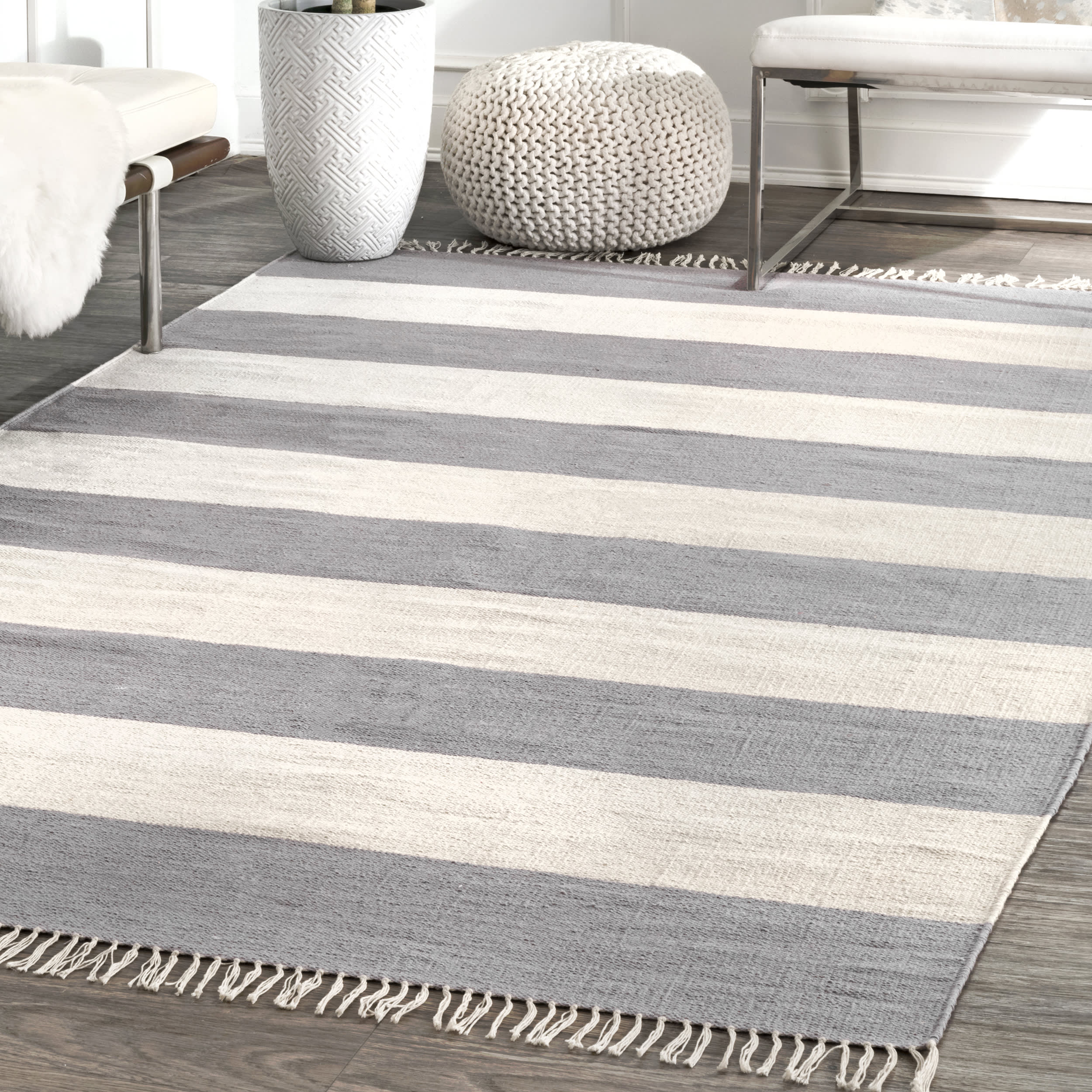 Awning Striped Flatweave Tassel Rug | Grey - Image 2