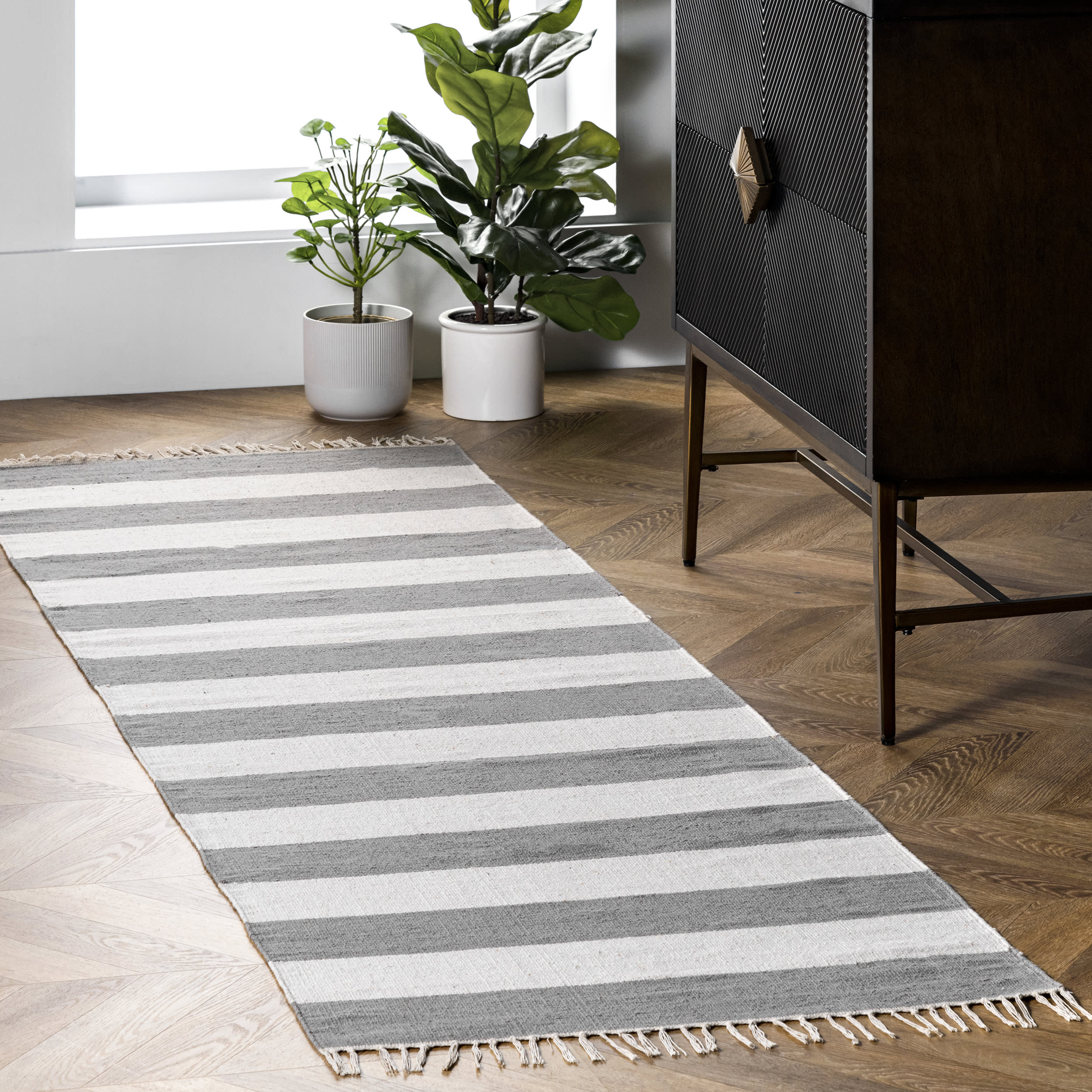 Awning Striped Flatweave Tassel Rug | Grey - Image 2