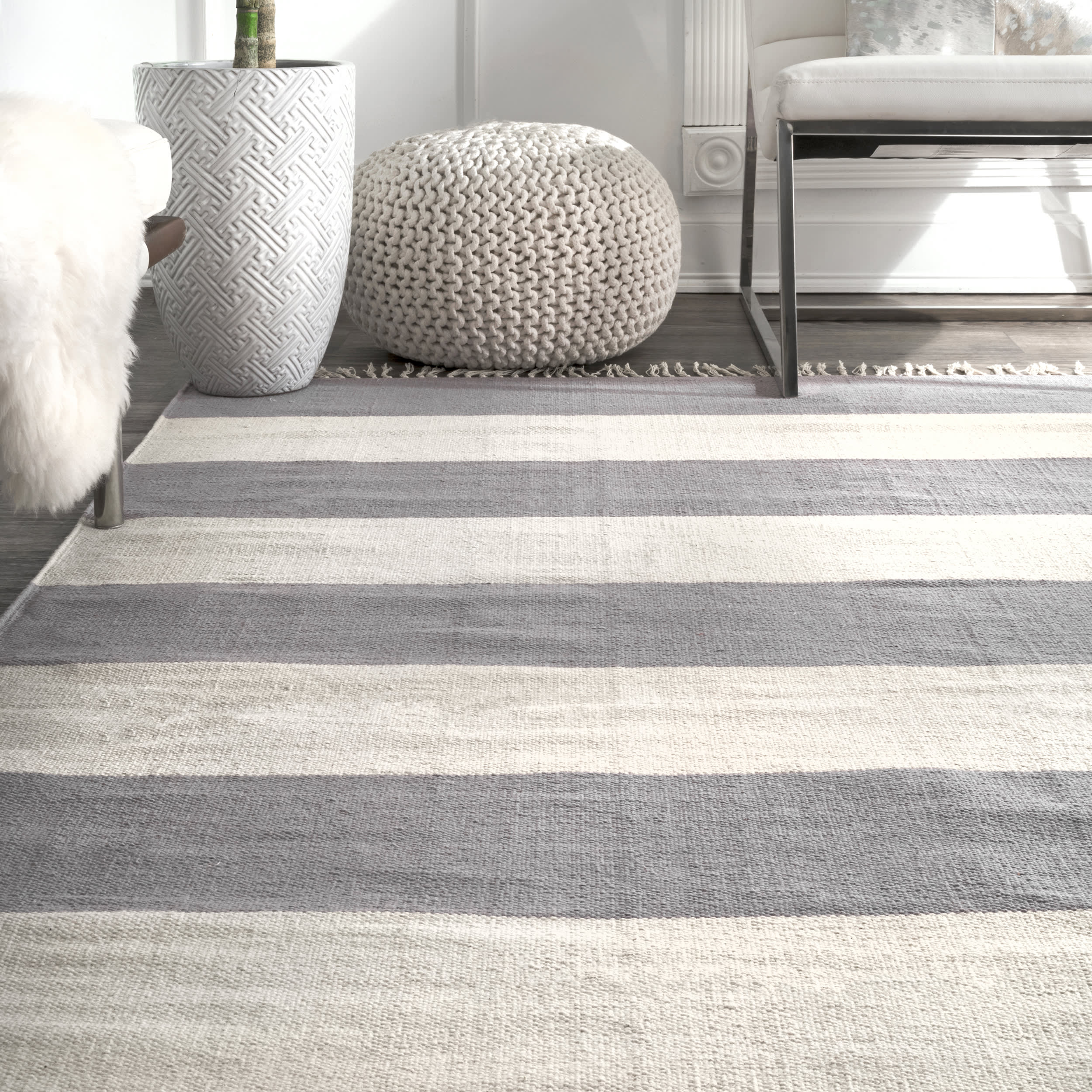 Awning Striped Flatweave Tassel Rug | Grey - Image 4