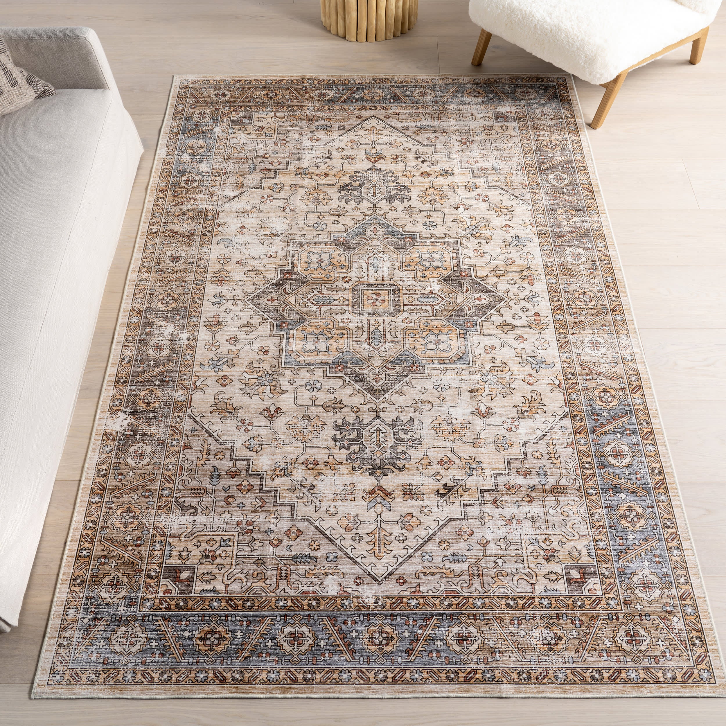 Azaria Medallion Spill Proof Washable Rug | Ivory - Image 2