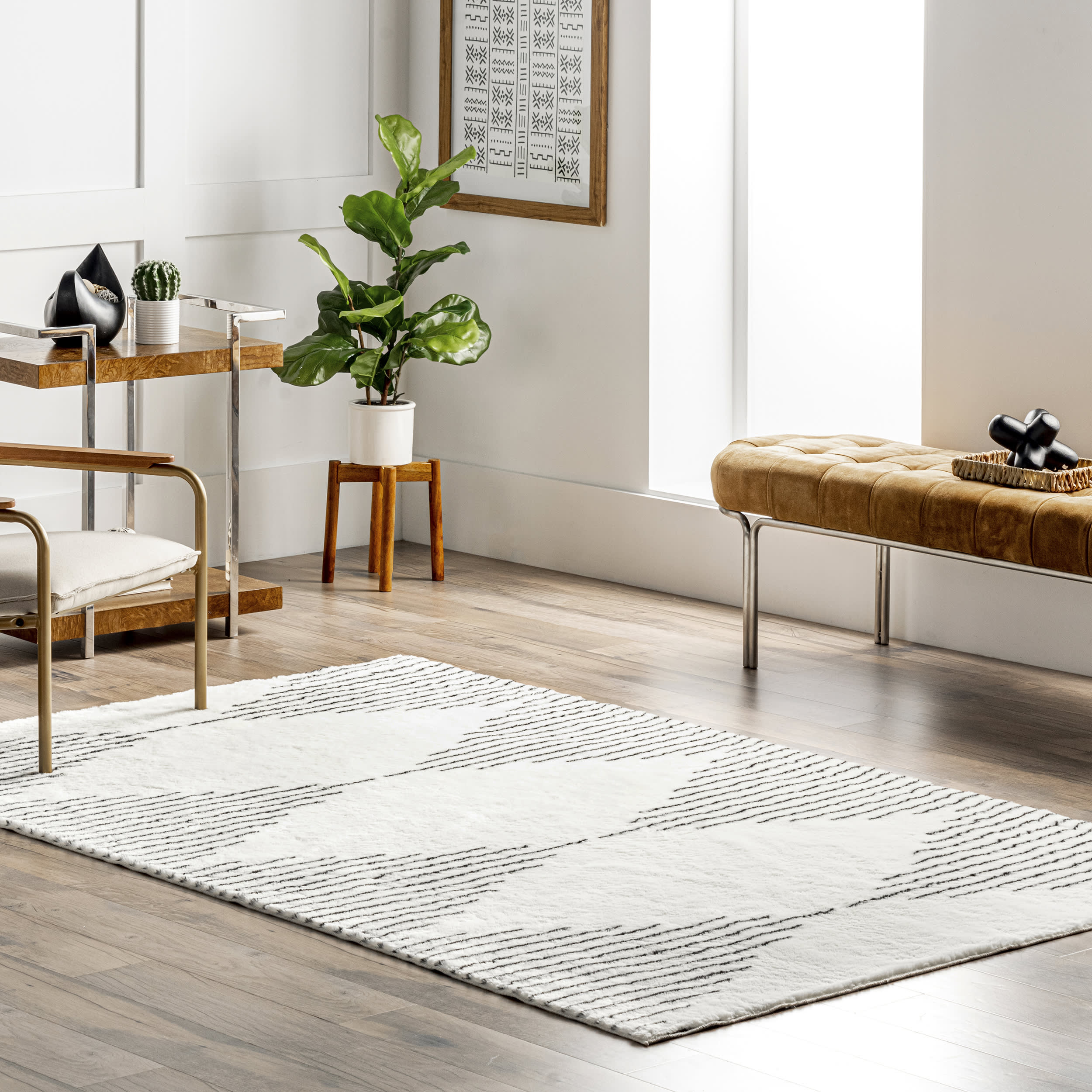 Bailee Diamond Pinstriped Washable Shag Rug | Black - Image 2