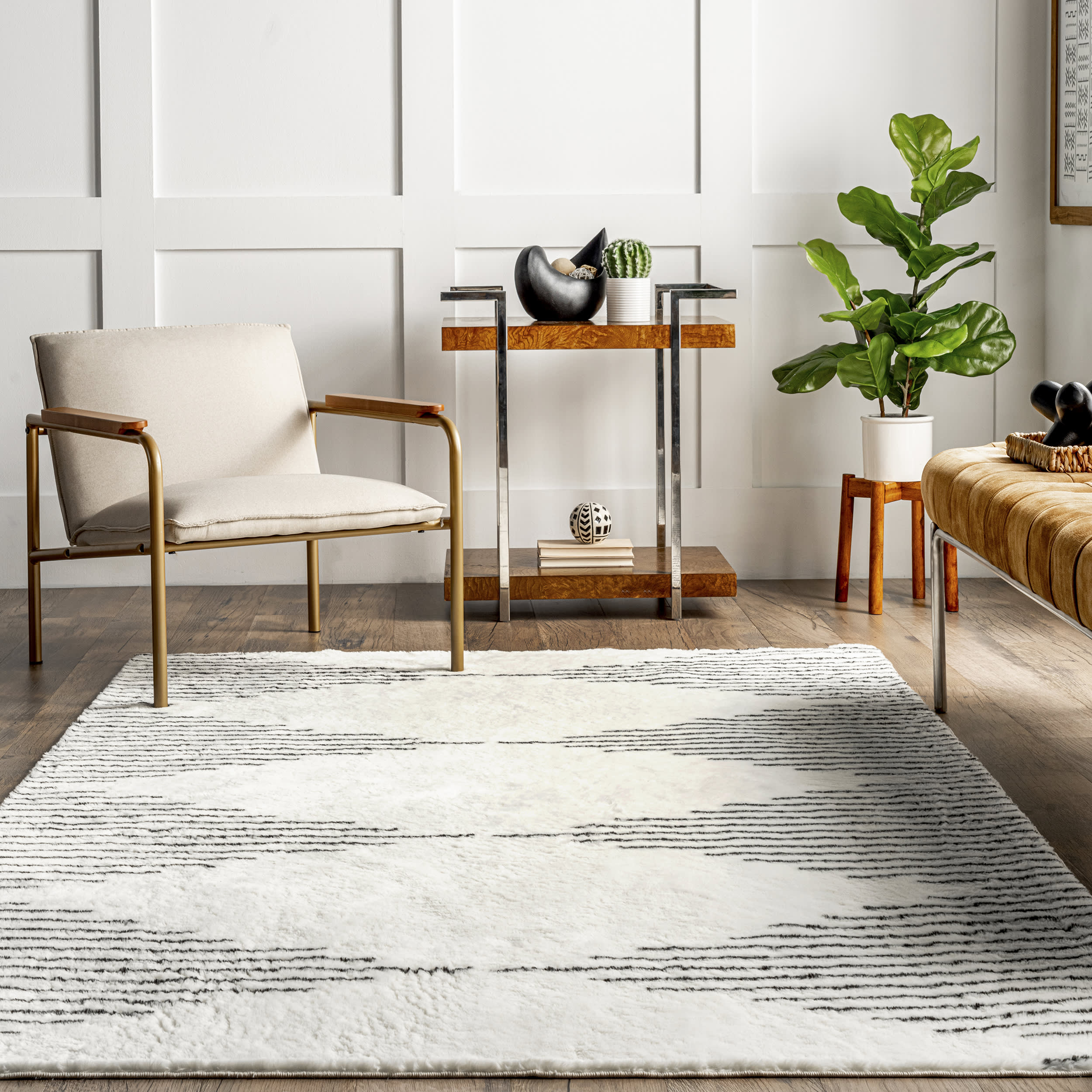 Bailee Diamond Pinstriped Washable Shag Rug | Black - Image 4