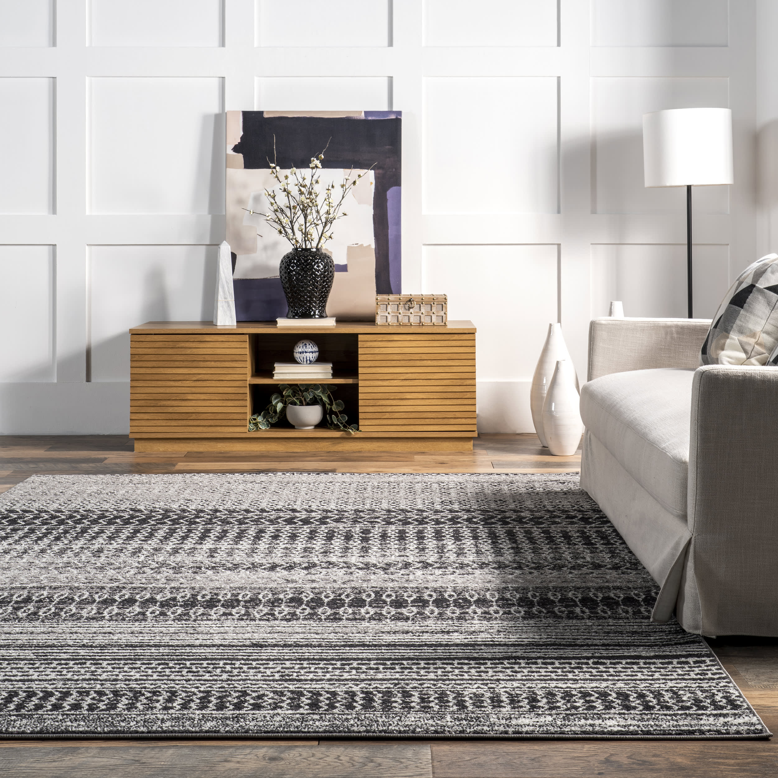 Banded Abacus And Stripes Rug | Dark Grey - Image 4
