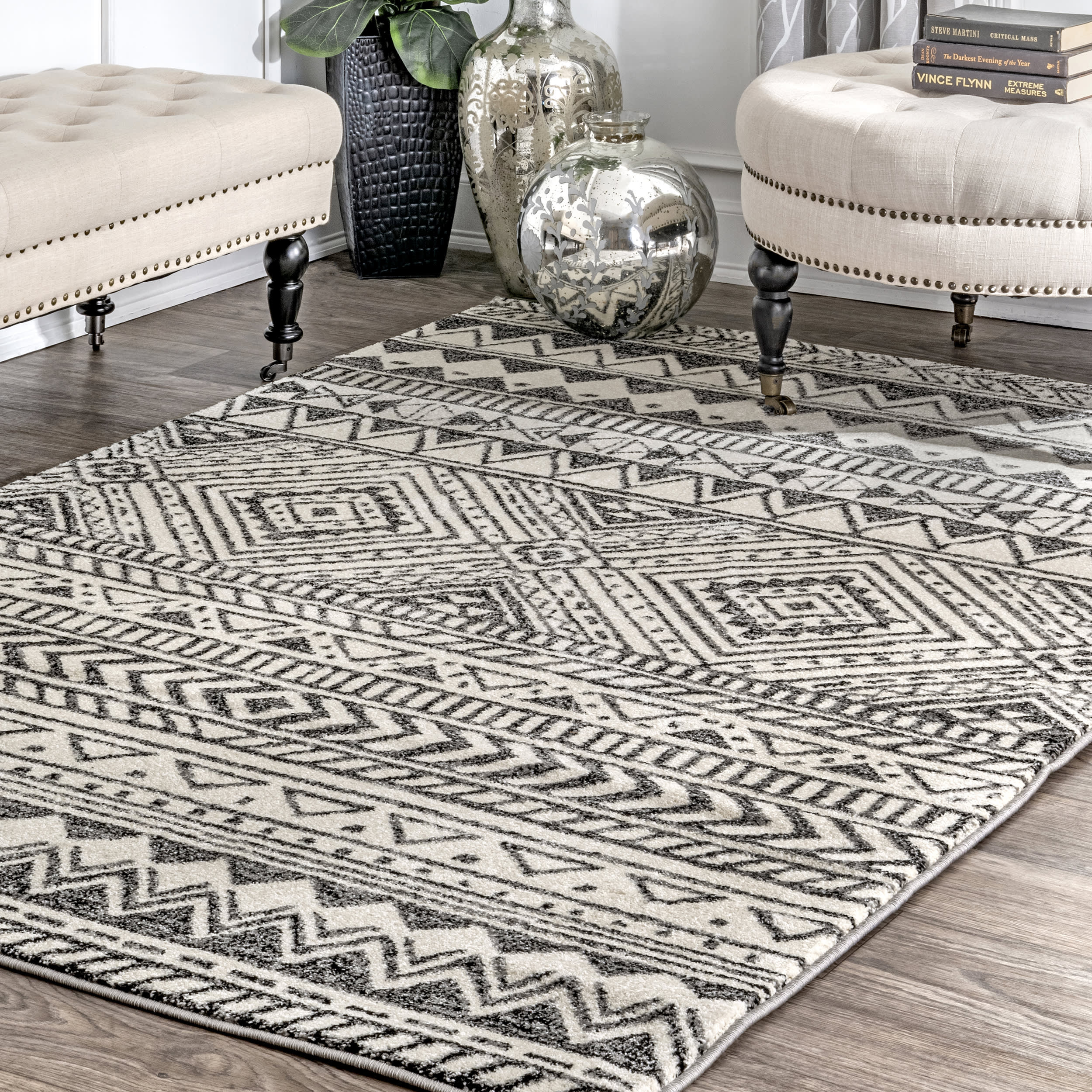 Banded Geometric Rug | Dark Grey - Image 2