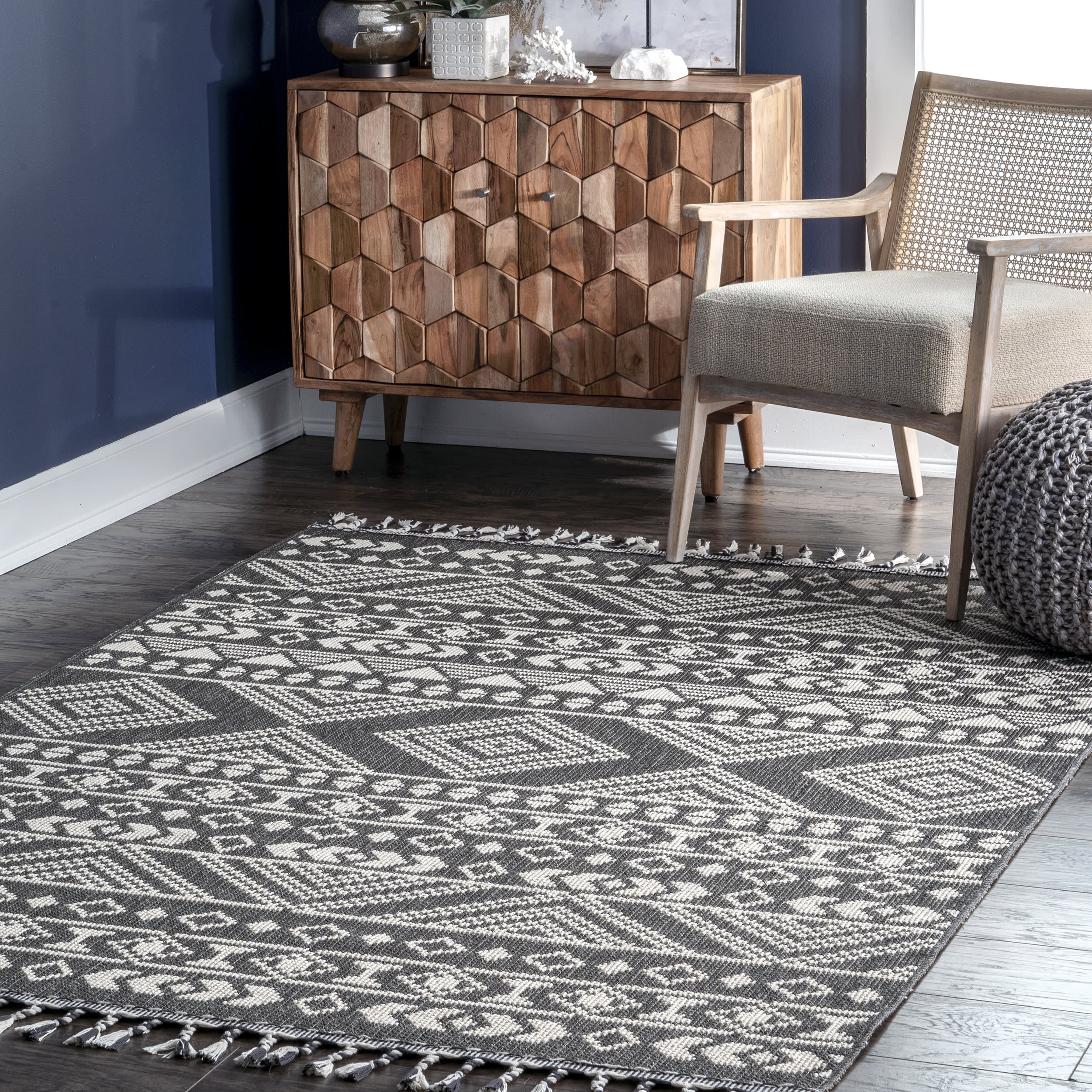 Banded Tribal Printed Flatweave Rug | Grey - Image 2