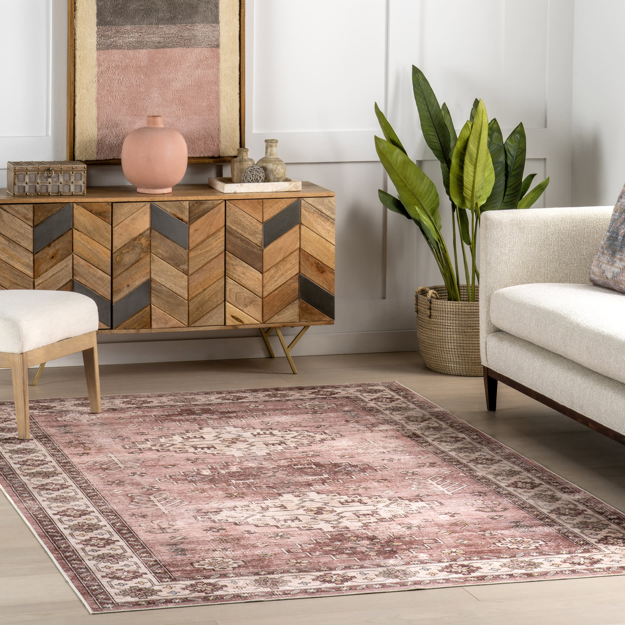 Barbary Distressed Spill Proof Washable Rug | Blush - Image 2