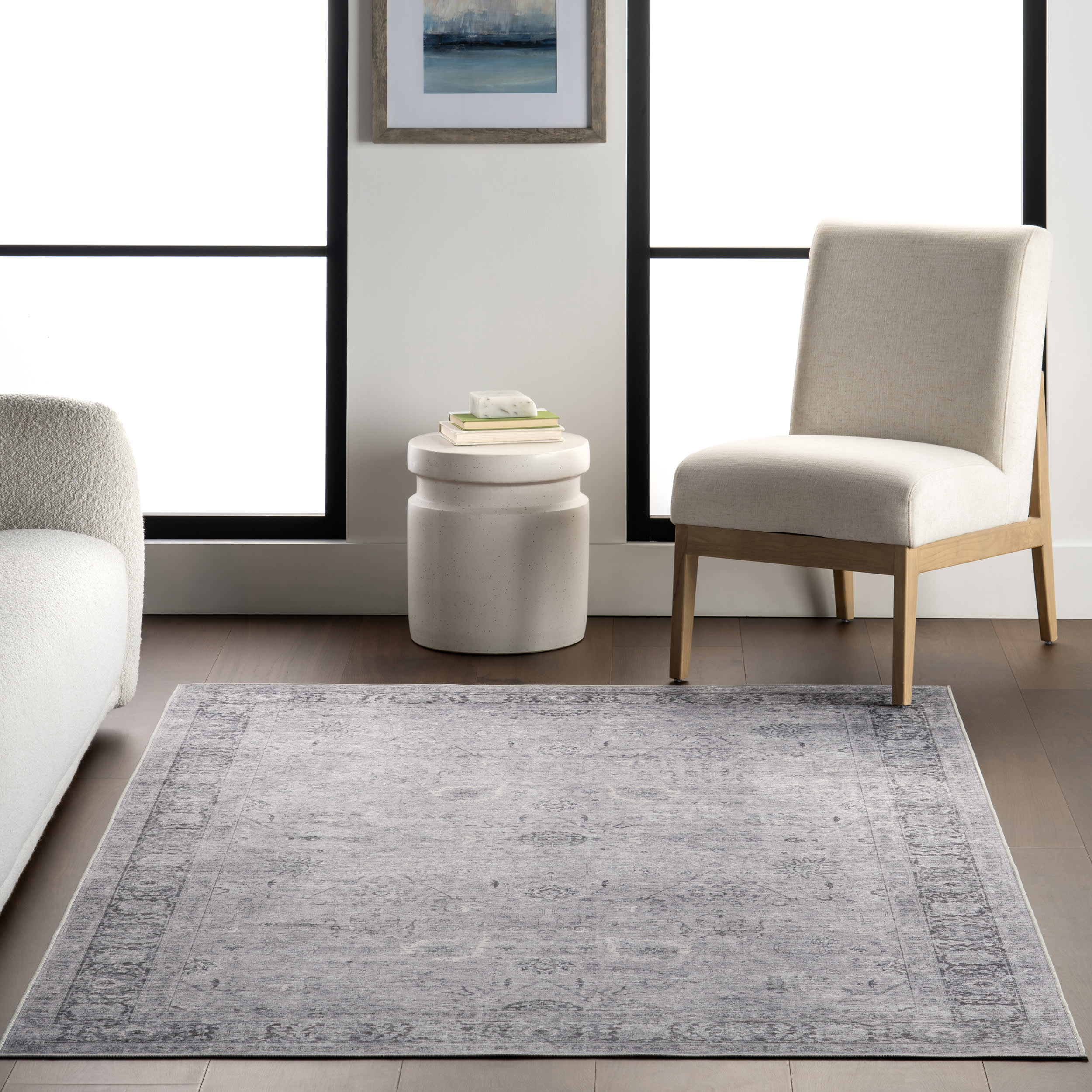 Bayberry Spill Proof Vintage Washable Rug | Light Grey - Image 5