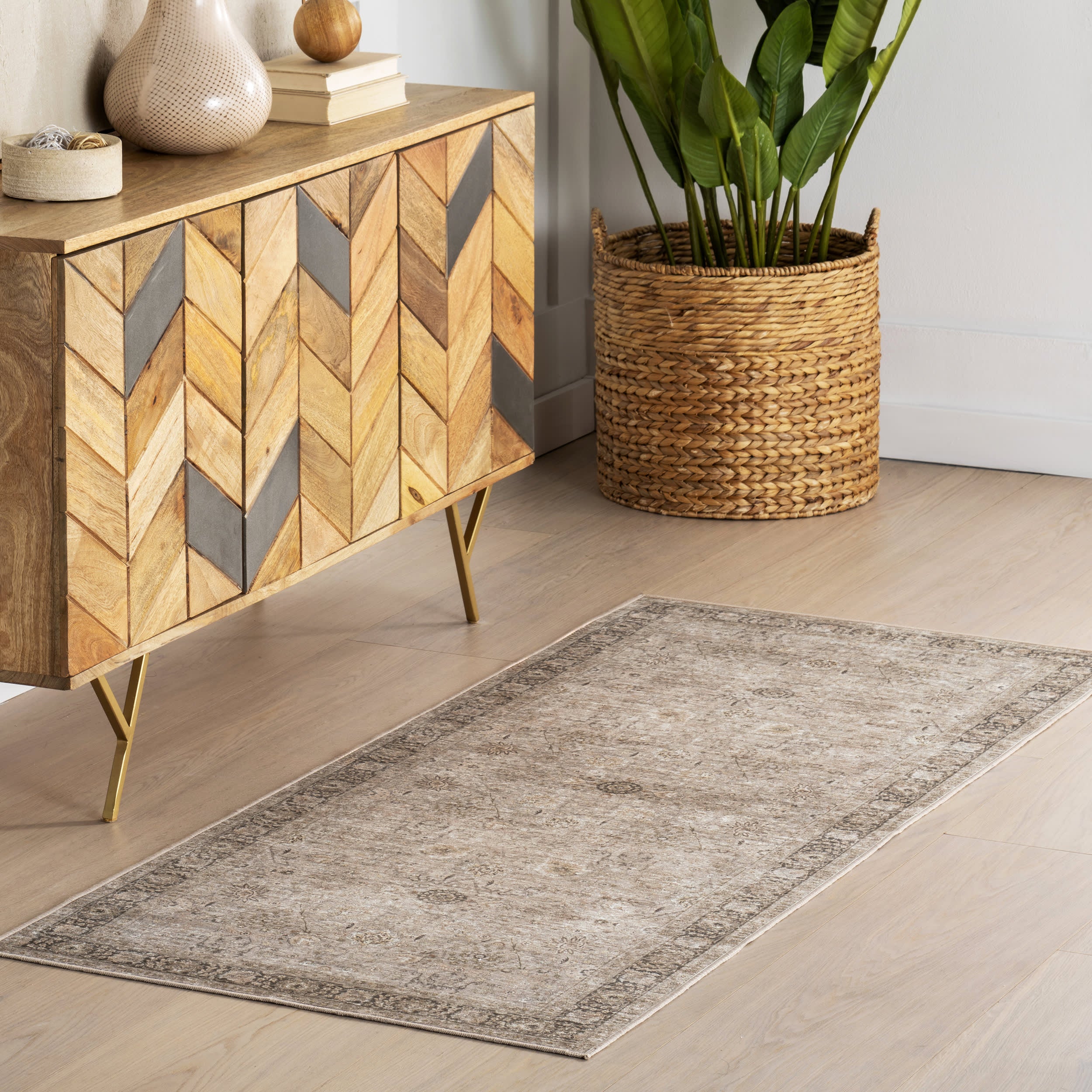 Bayberry Spill Proof Vintage Washable Rug | Sand - Image 2