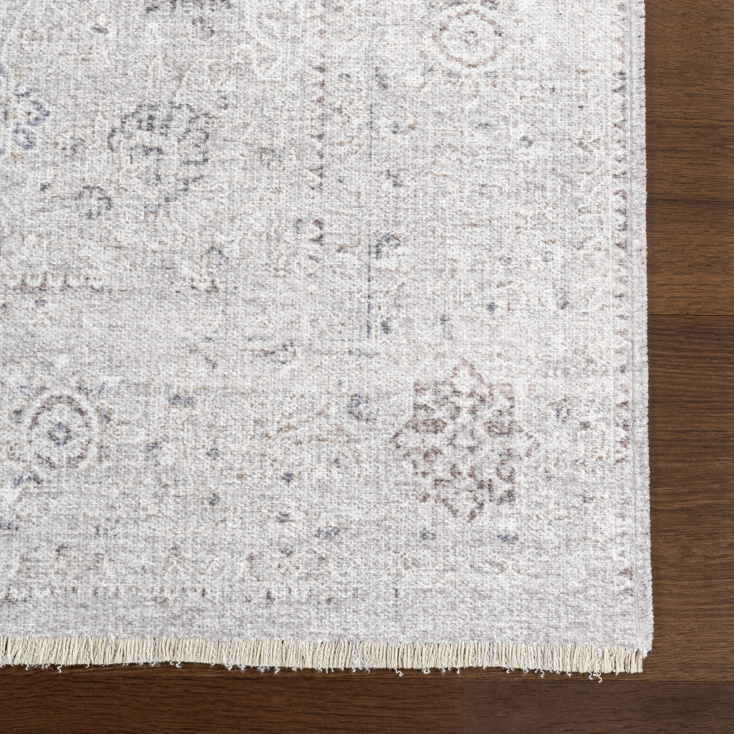 Bessie Fringed Vintage Medallion Washable Rug | Pink Beige - Image 4