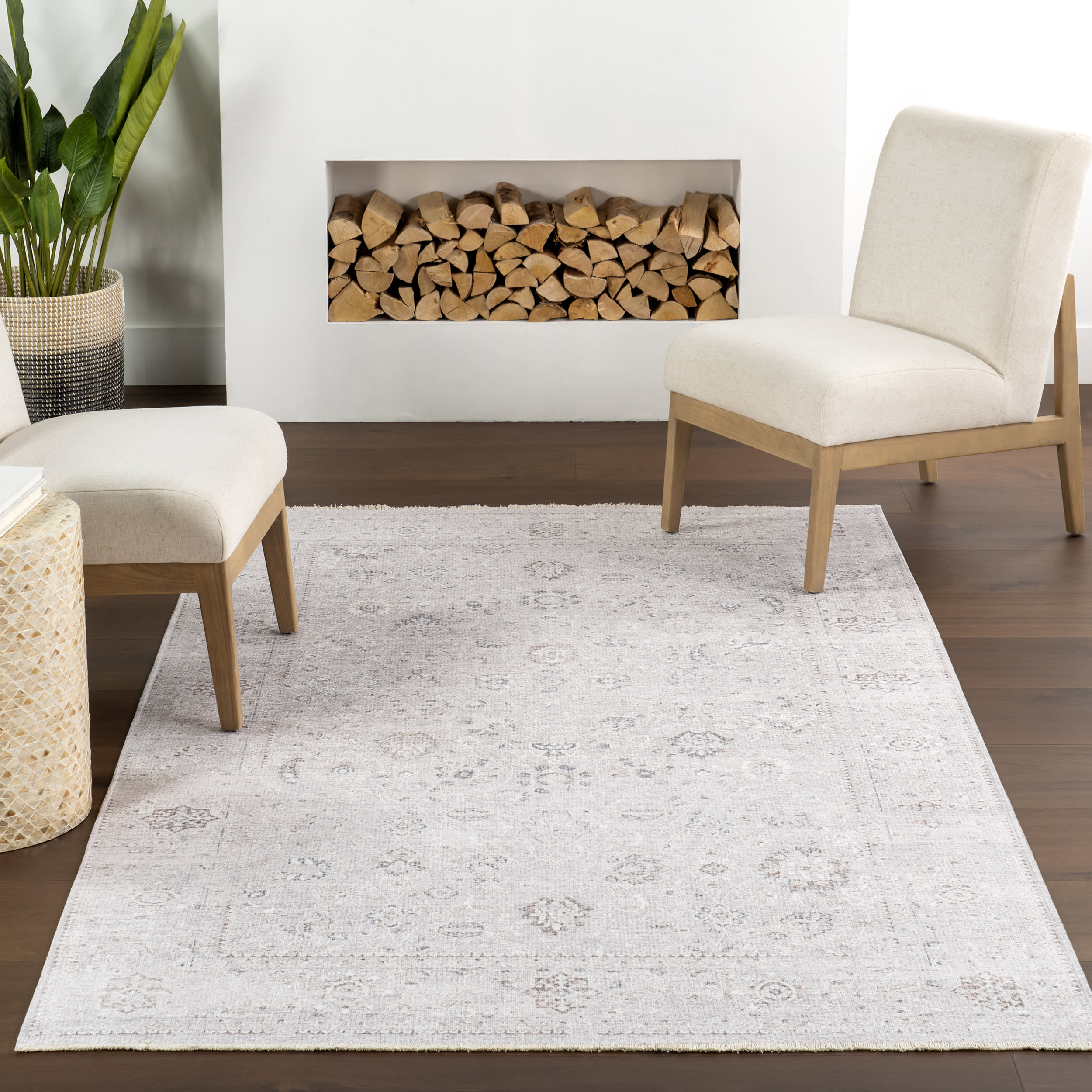 Bessie Fringed Vintage Medallion Washable Rug | Pink Beige - Image 5
