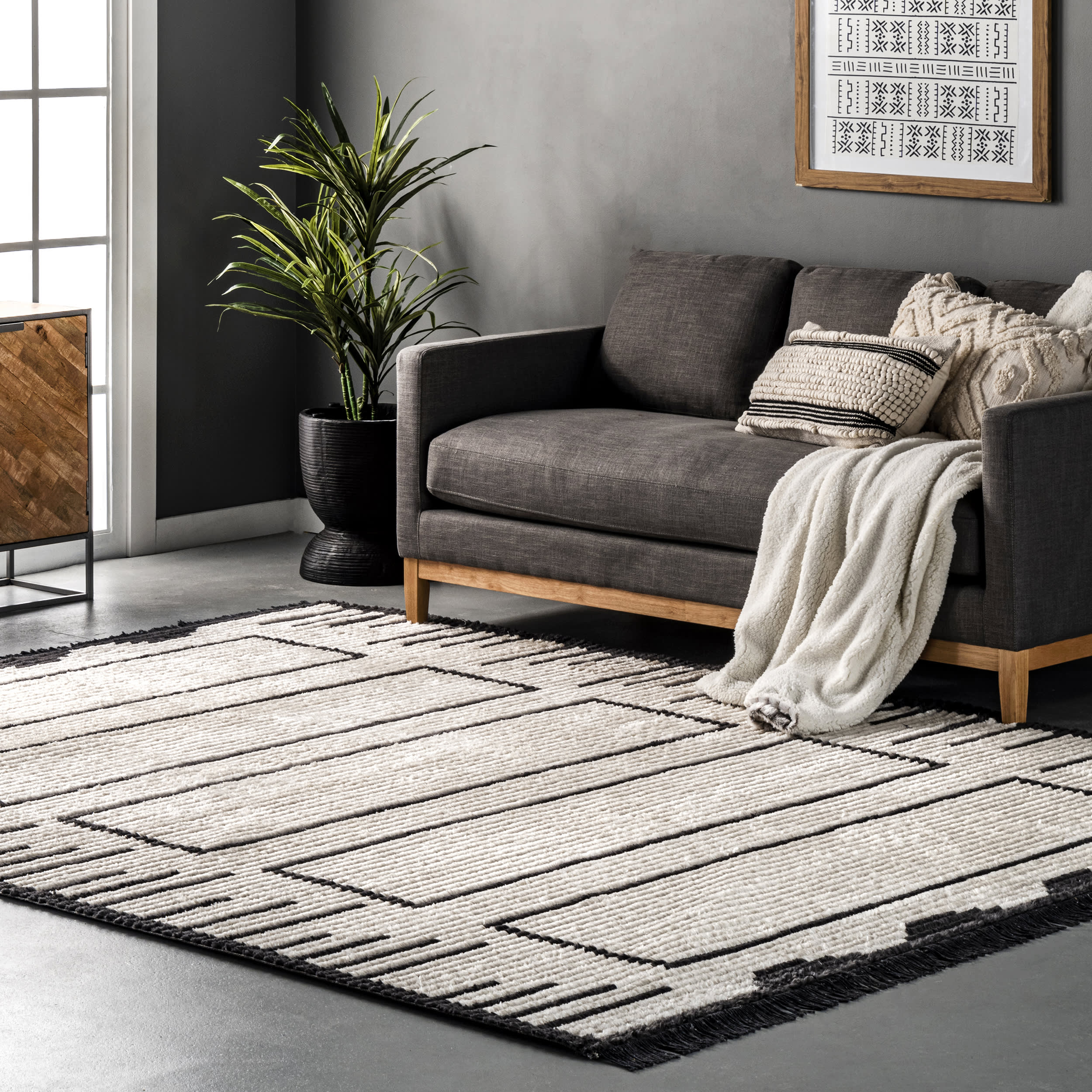 Bethanny Scrolling Panels Fringed Rug | Beige - Image 2