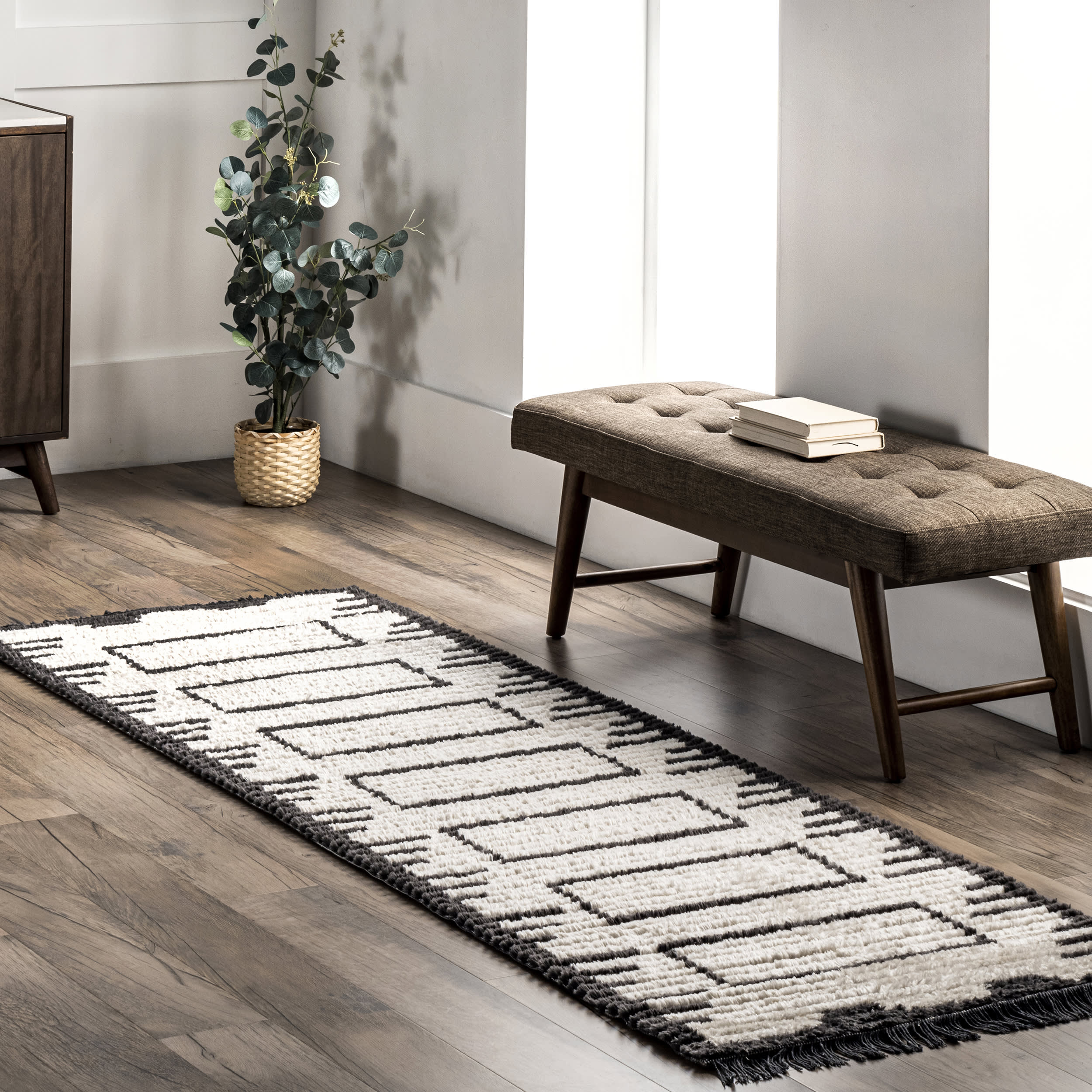 Bethanny Scrolling Panels Fringed Rug | Beige - Image 2