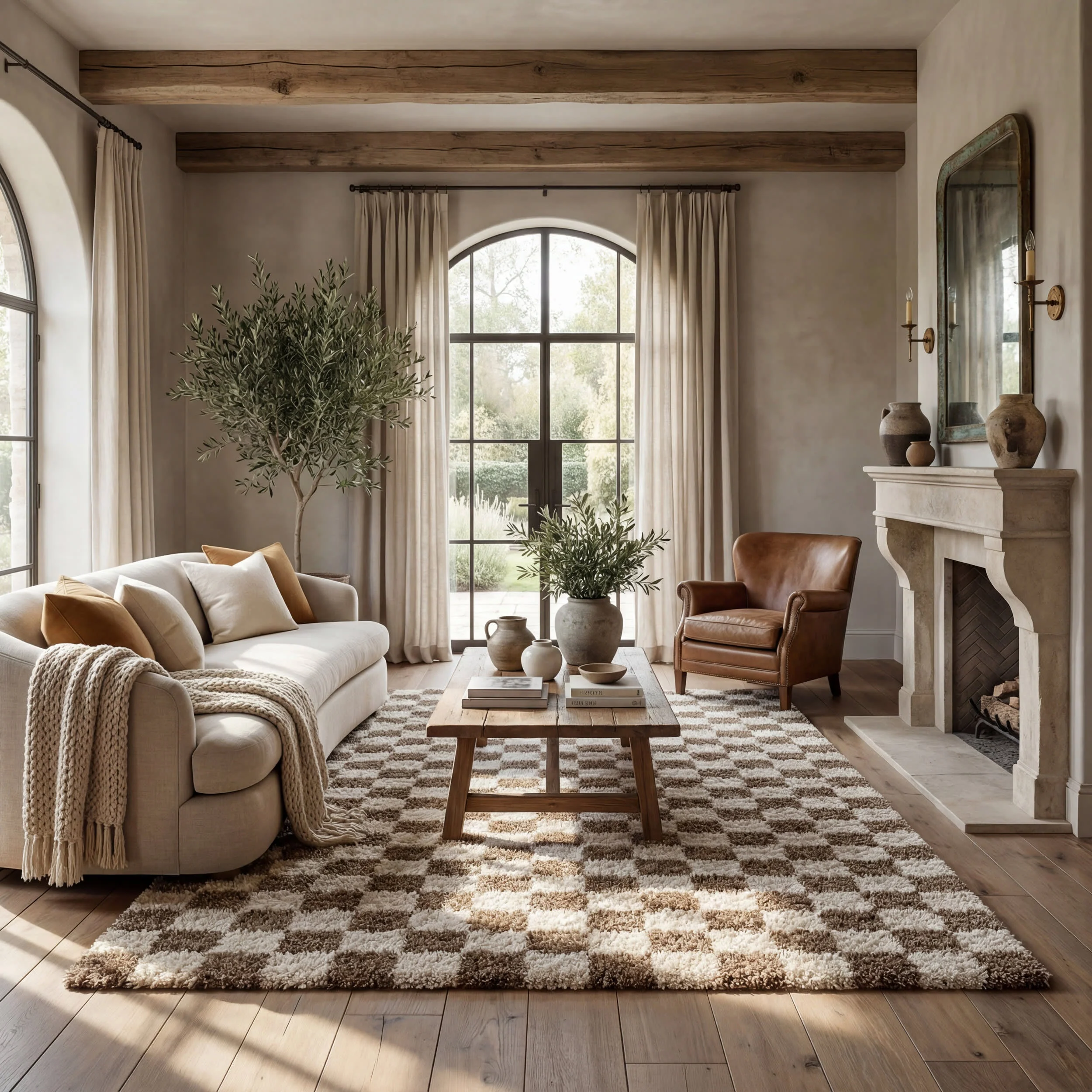 Bettie Retro Checkered Shag Rug | Beige - Image 2
