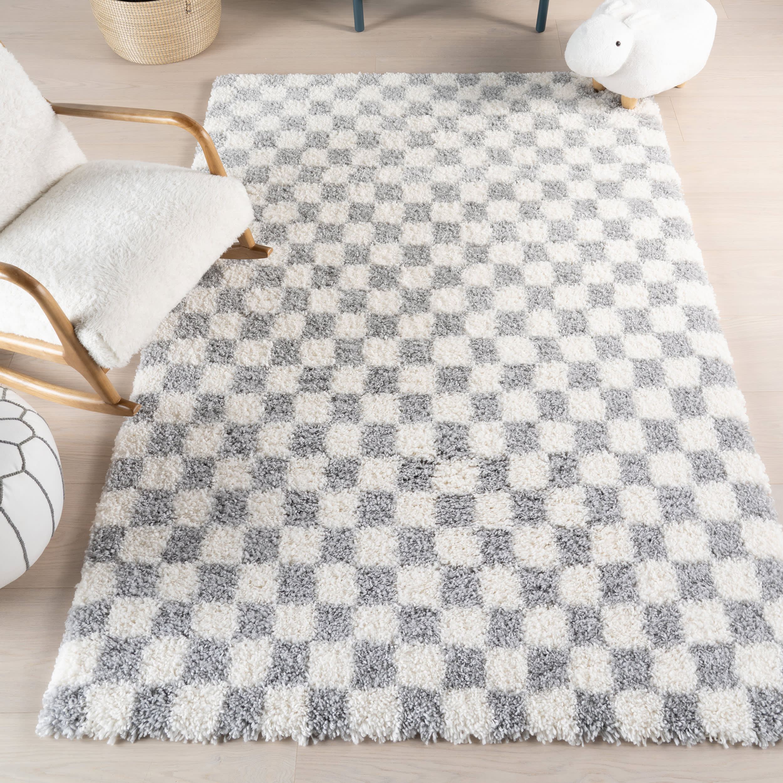 Bettie Retro Checkered Shag Rug | Light Grey - Image 2