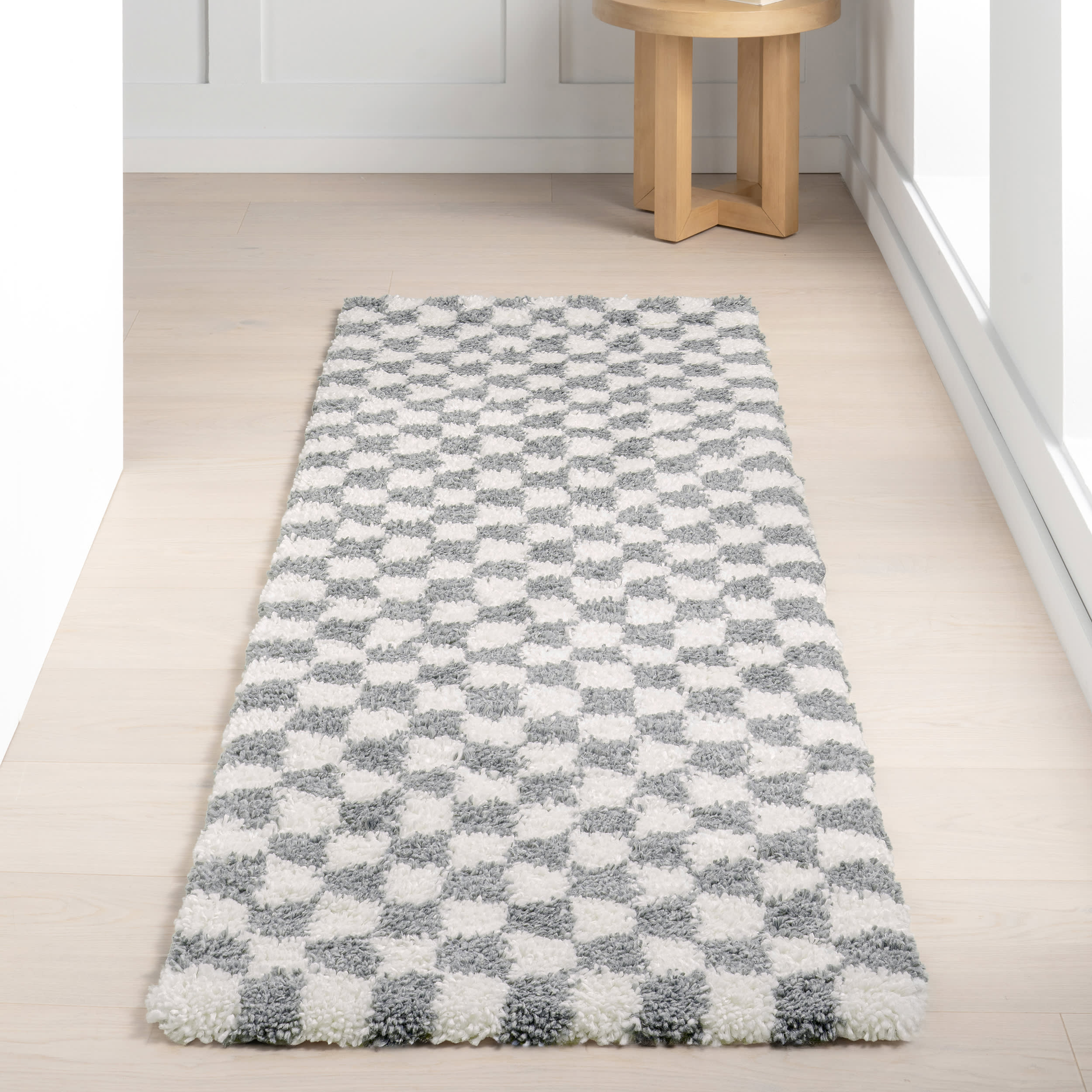 Bettie Retro Checkered Shag Rug | Light Grey - Image 2