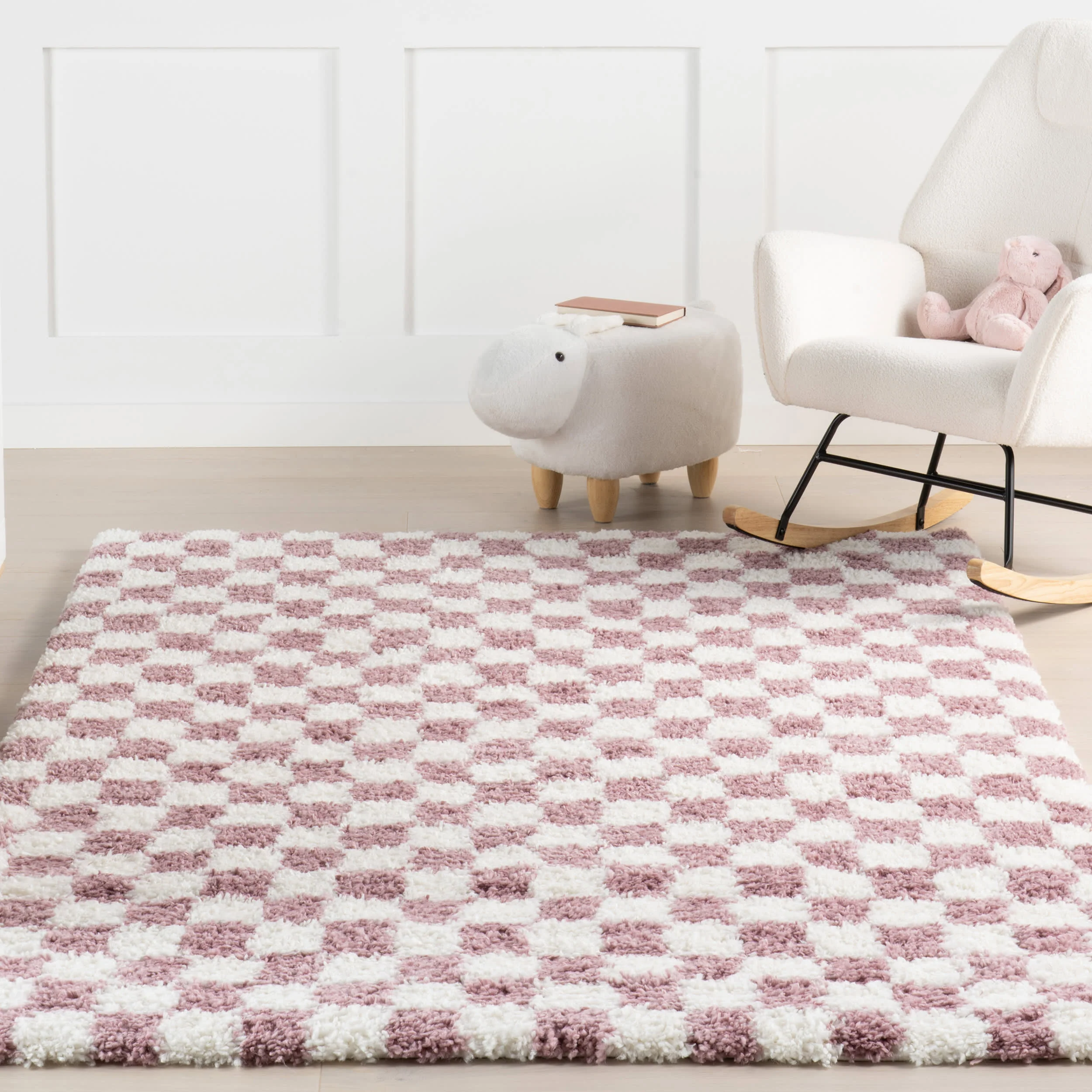 Bettie Retro Checkered Shag Rug | Pink - Image 5