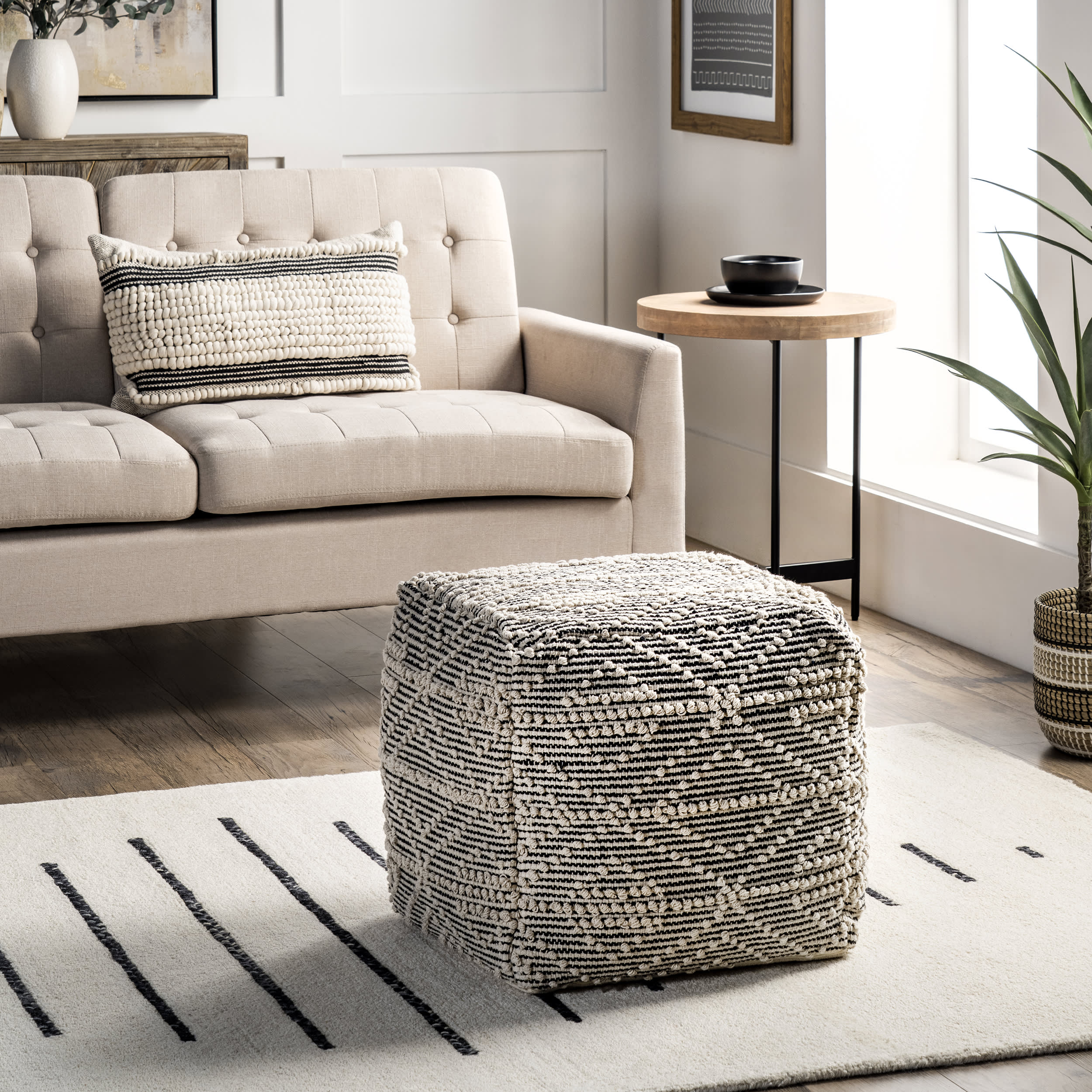 Birdseye Trellis Textured Pouf | Natural - Image 2