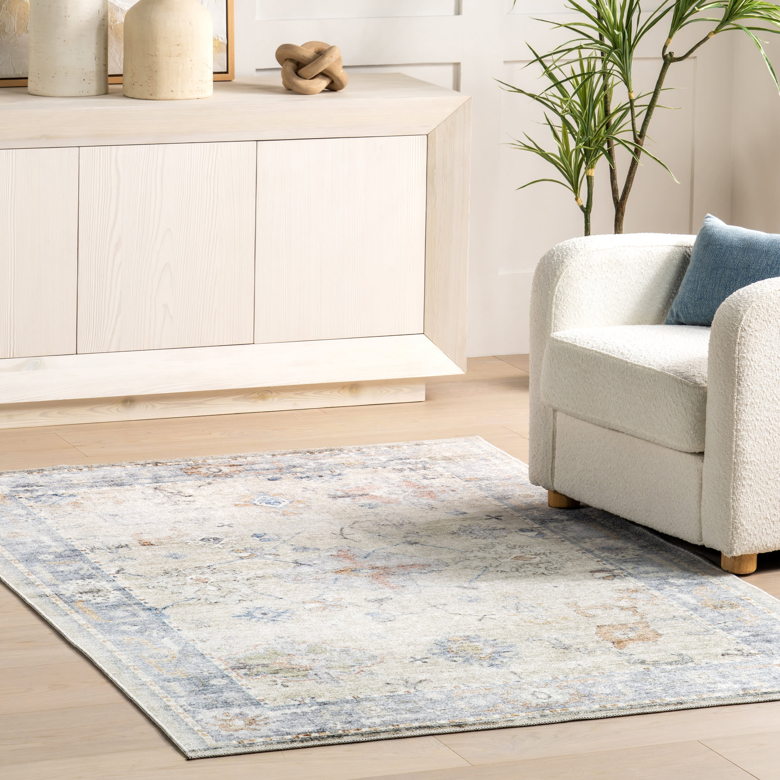 Blaire Vintage Floral Washable Rug | Light Blue - Image 2